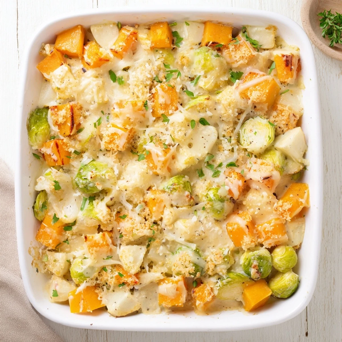 Comforting winter vegetable casserole featuring tender squash parsnips and carrots nestled in rich herbed cream sauce under golden crust