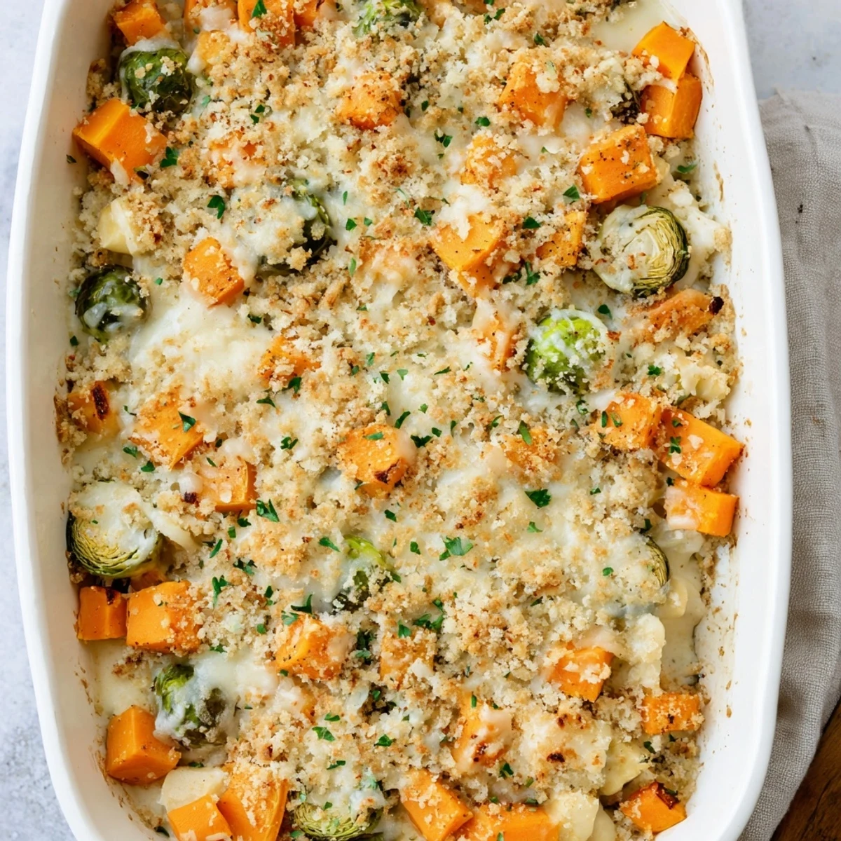 Oven-baked winter vegetable casserole topped with buttery panko breadcrumbs and parsley garnish ready for holiday table serving