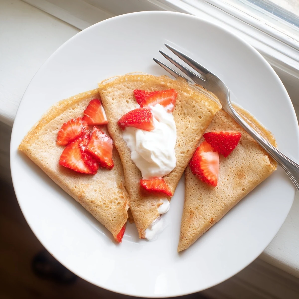 Light tender healthy oatmeal crepes folded over sweet yogurt and colorful fresh fruit toppings