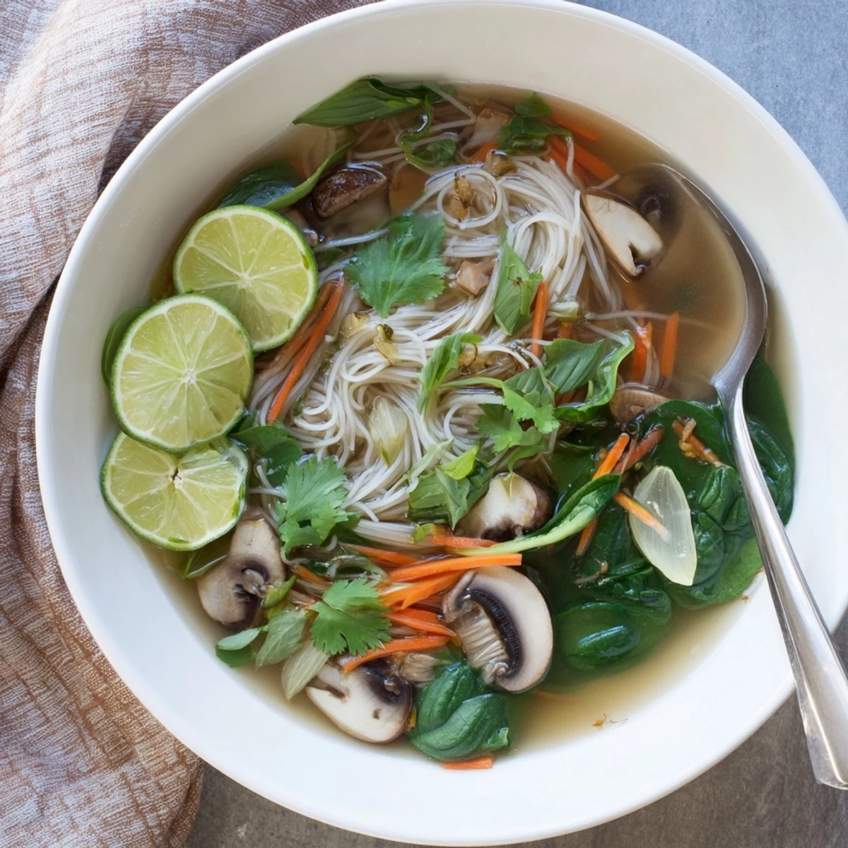 Steamy bowl of healing ginger garlic broth with rice noodles garnished with fresh cilantro and basil