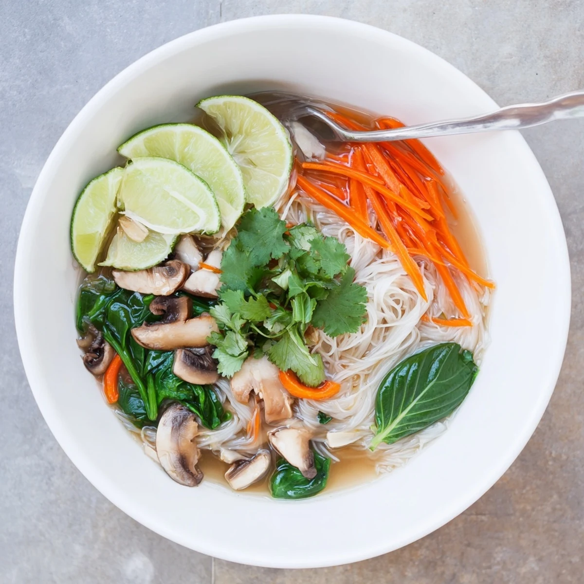 Comforting vegan gluten-free bowl with rice noodles swimming in fragrant ginger garlic broth and lime wedges