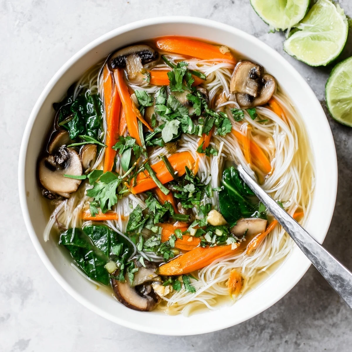 Aromatic Asian-inspired soup featuring tender rice noodles in savory ginger garlic broth with colorful vegetables