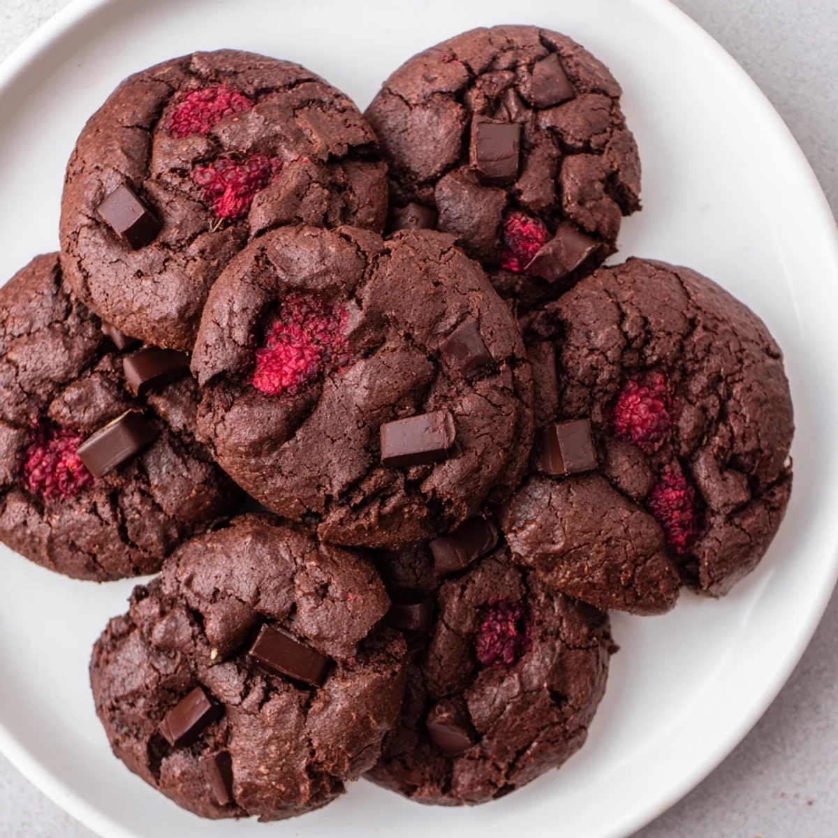 Chewy dark chocolate raspberry cookies studded with melty chunks and tart berries on a cooling rack.
