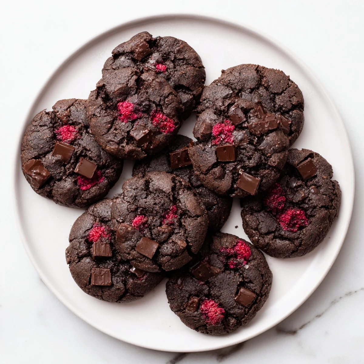 Freshly baked dark chocolate raspberry cookies with gooey chocolate and vibrant red raspberries on a white plate.