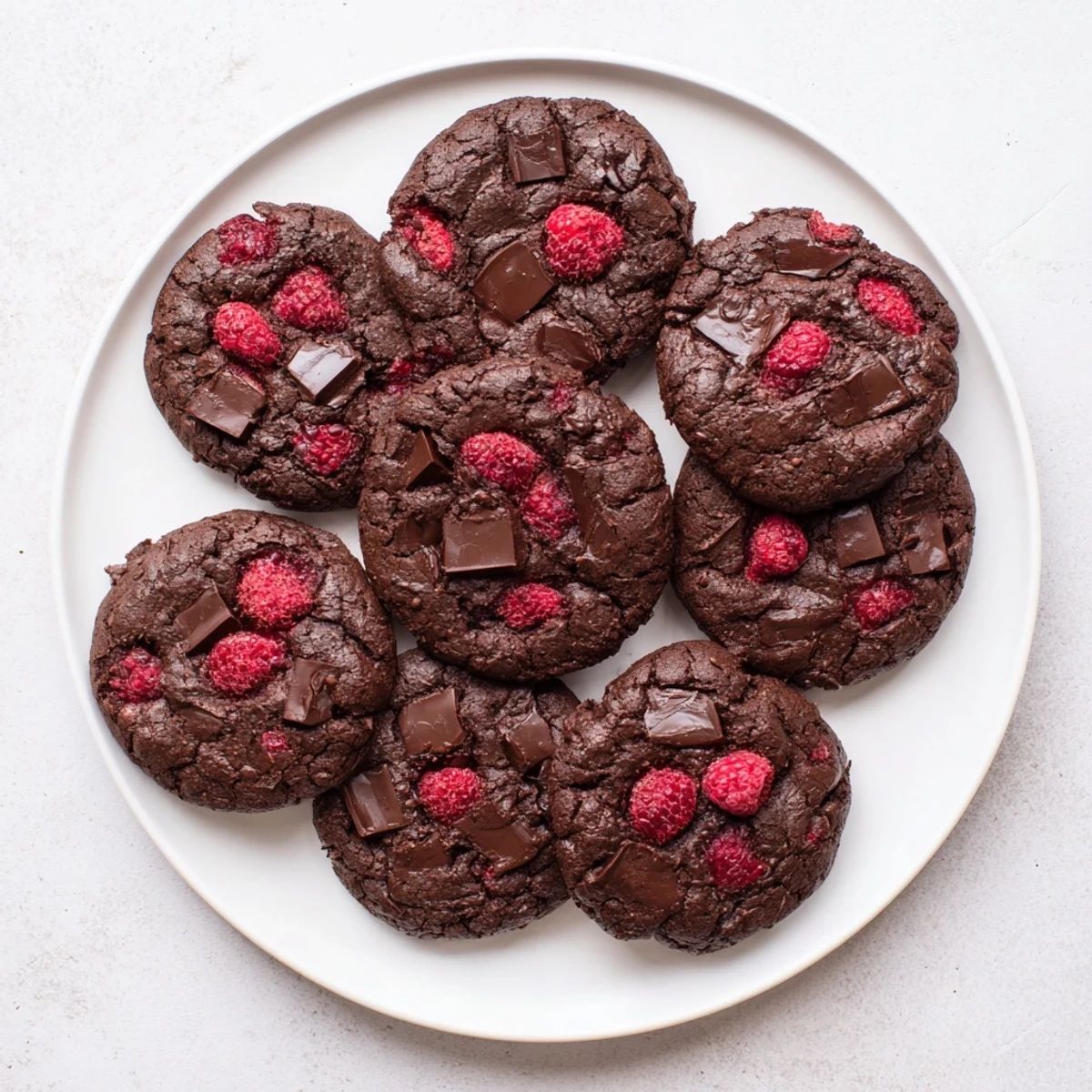 Warm dark chocolate raspberry cookies showing cracked edges, pockets of tangy fruit, and rich cocoa dough.