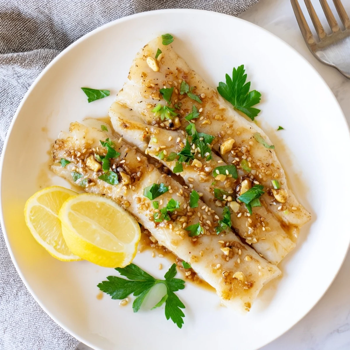 Golden baked cod with honey soy marinade flakes easily on a white plate