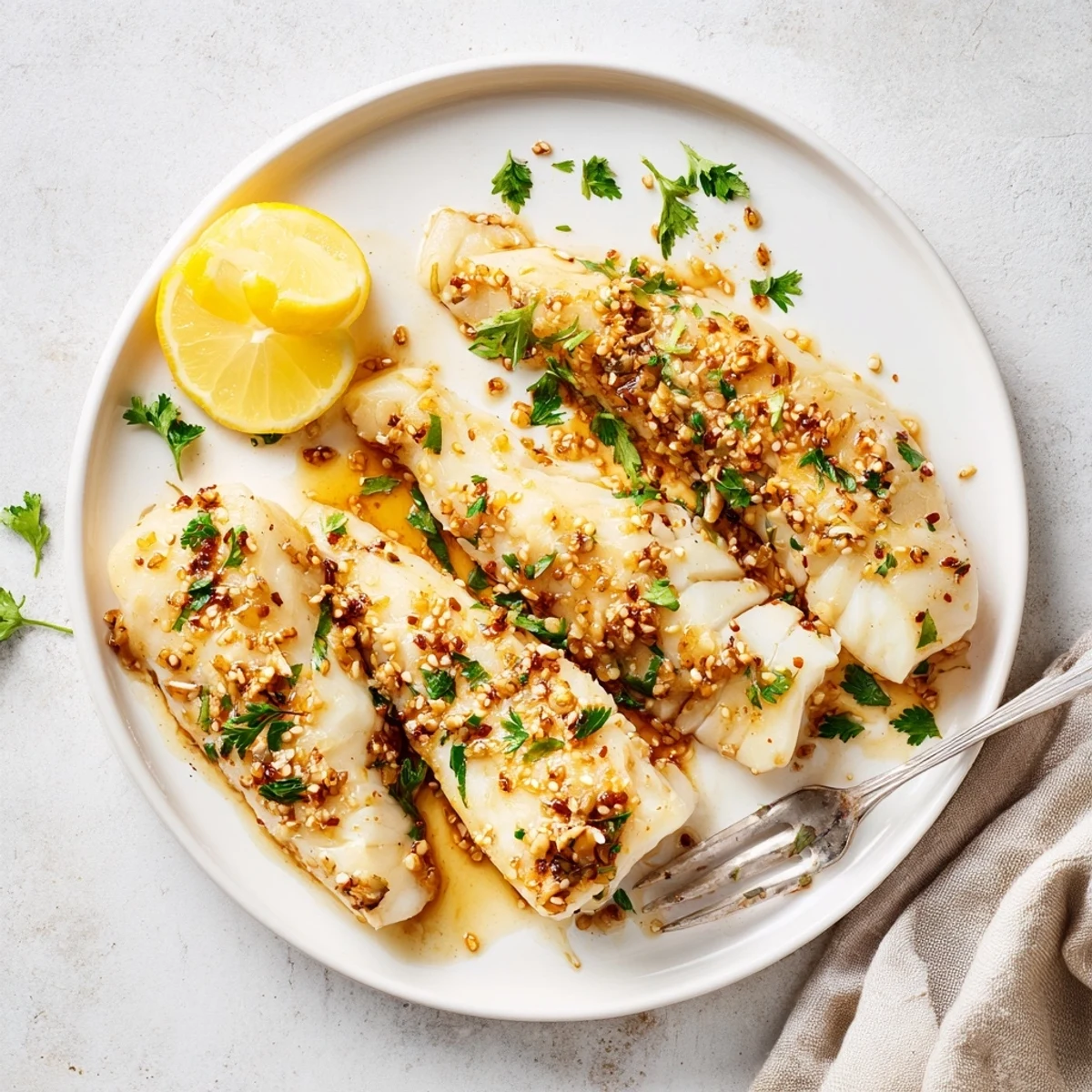 Flaky honey soy baked cod fillets garnished with fresh parsley and sesame seeds
