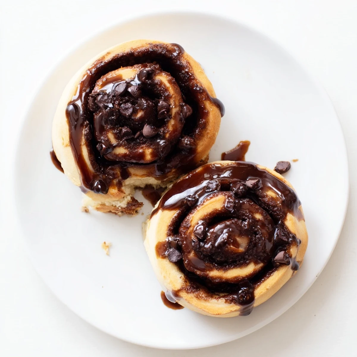 Decadent double chocolate cinnamon rolls topped with glossy chocolate icing and served for breakfast