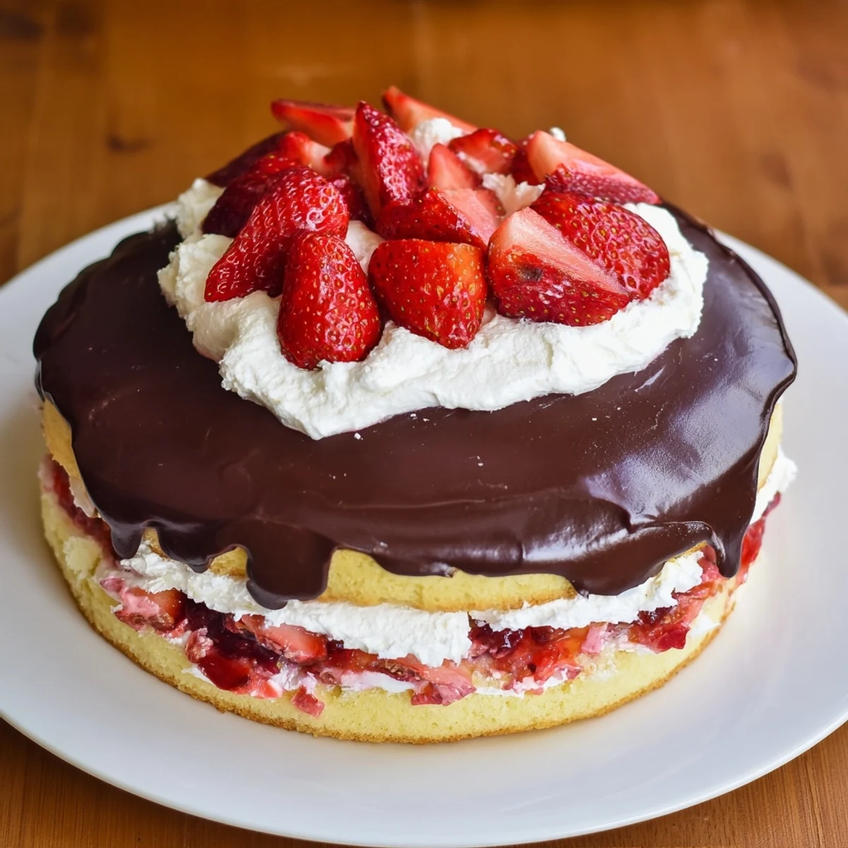 Rich strawberry chocolate shell cake with glossy dark chocolate drizzle over fresh strawberries