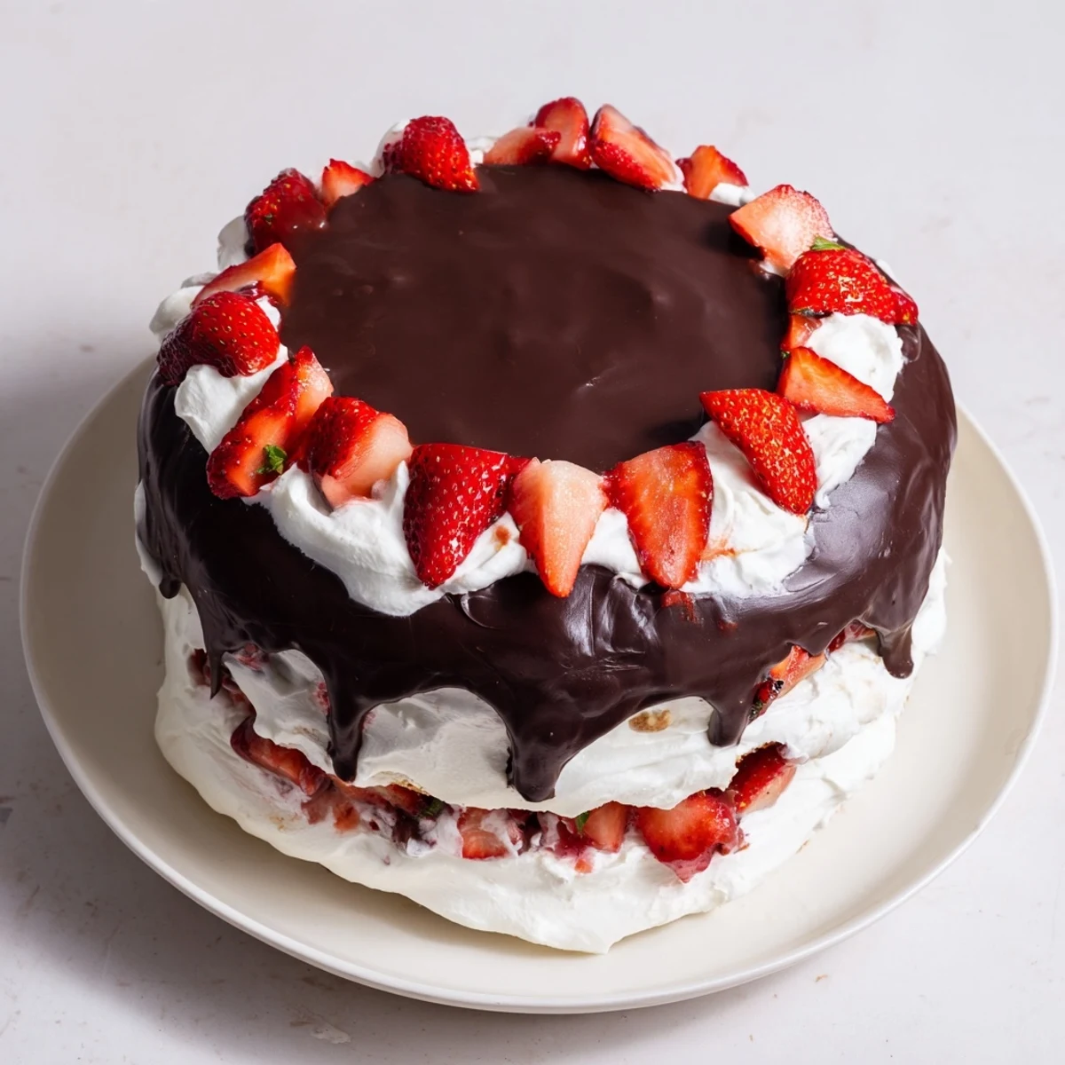 Decadent strawberry chocolate shell cake sliced to reveal tender vanilla sponge and sweet strawberry filling