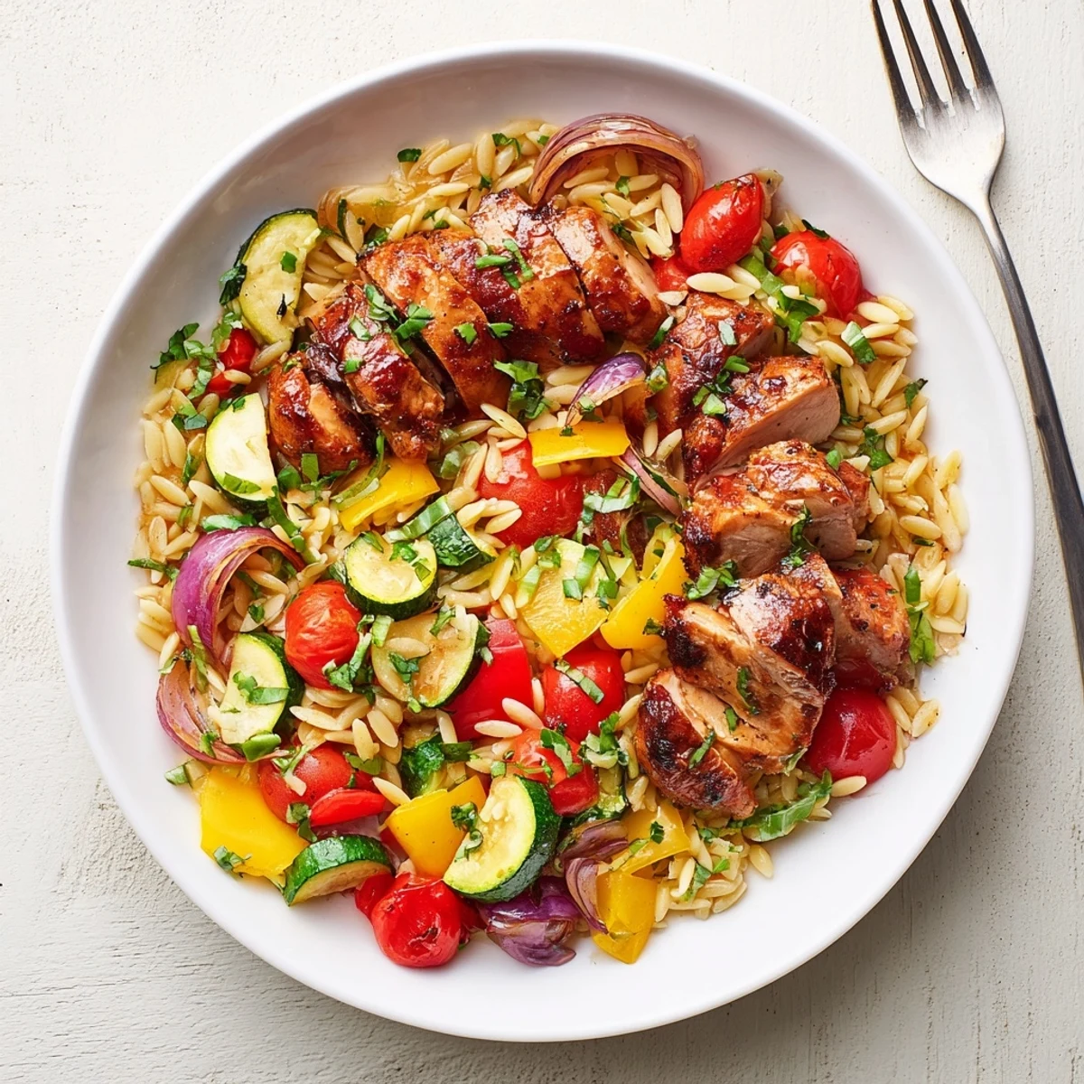 Golden balsamic glazed chicken breast sliced over colorful roasted vegetable orzo pasta bowl