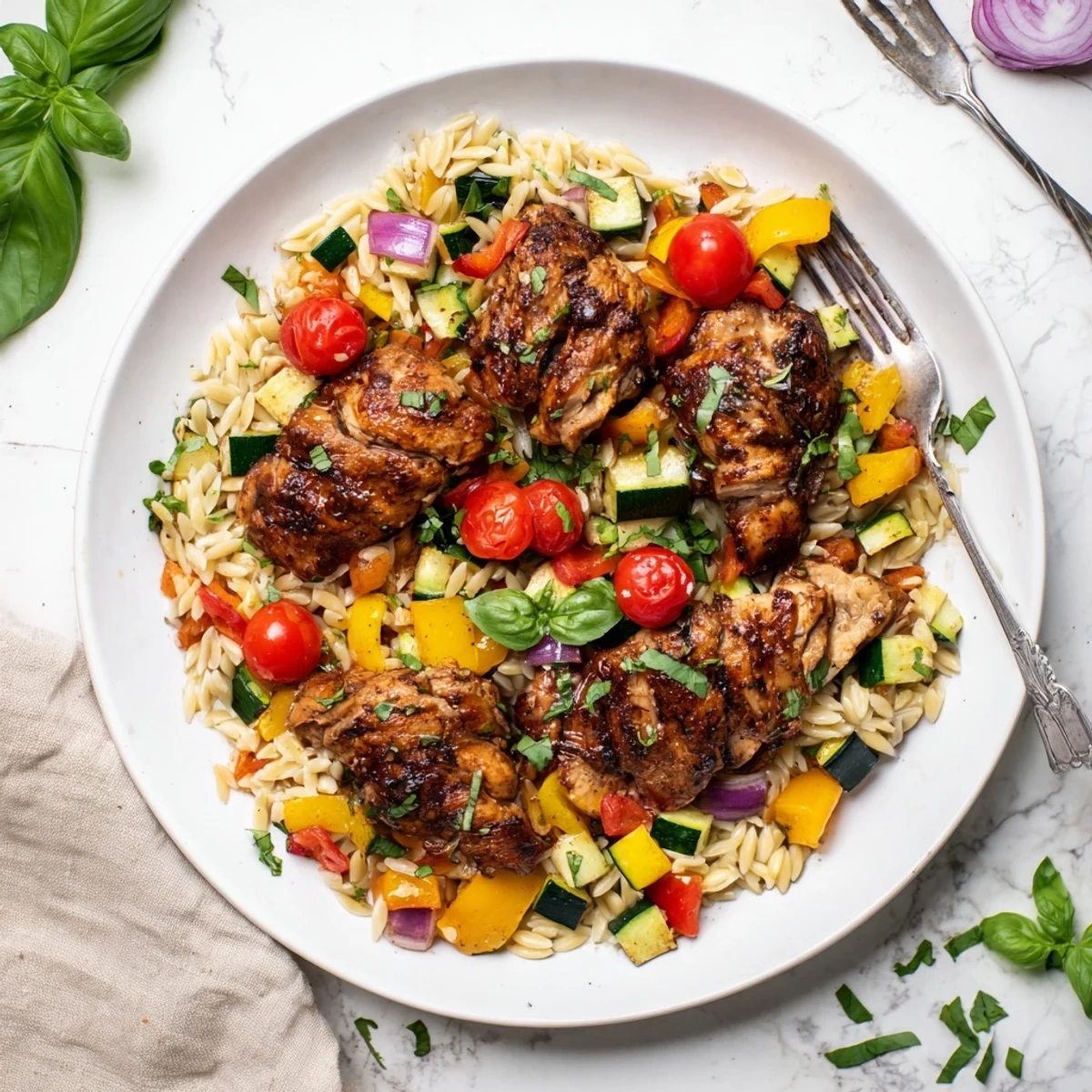 Wholesome one pan meal showcasing marinated balsamic chicken atop herb seasoned orzo and roasted vegetables