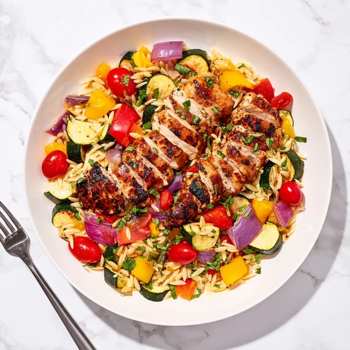 Vibrant Mediterranean orzo dish featuring tender balsamic chicken with zucchini peppers and cherry tomatoes