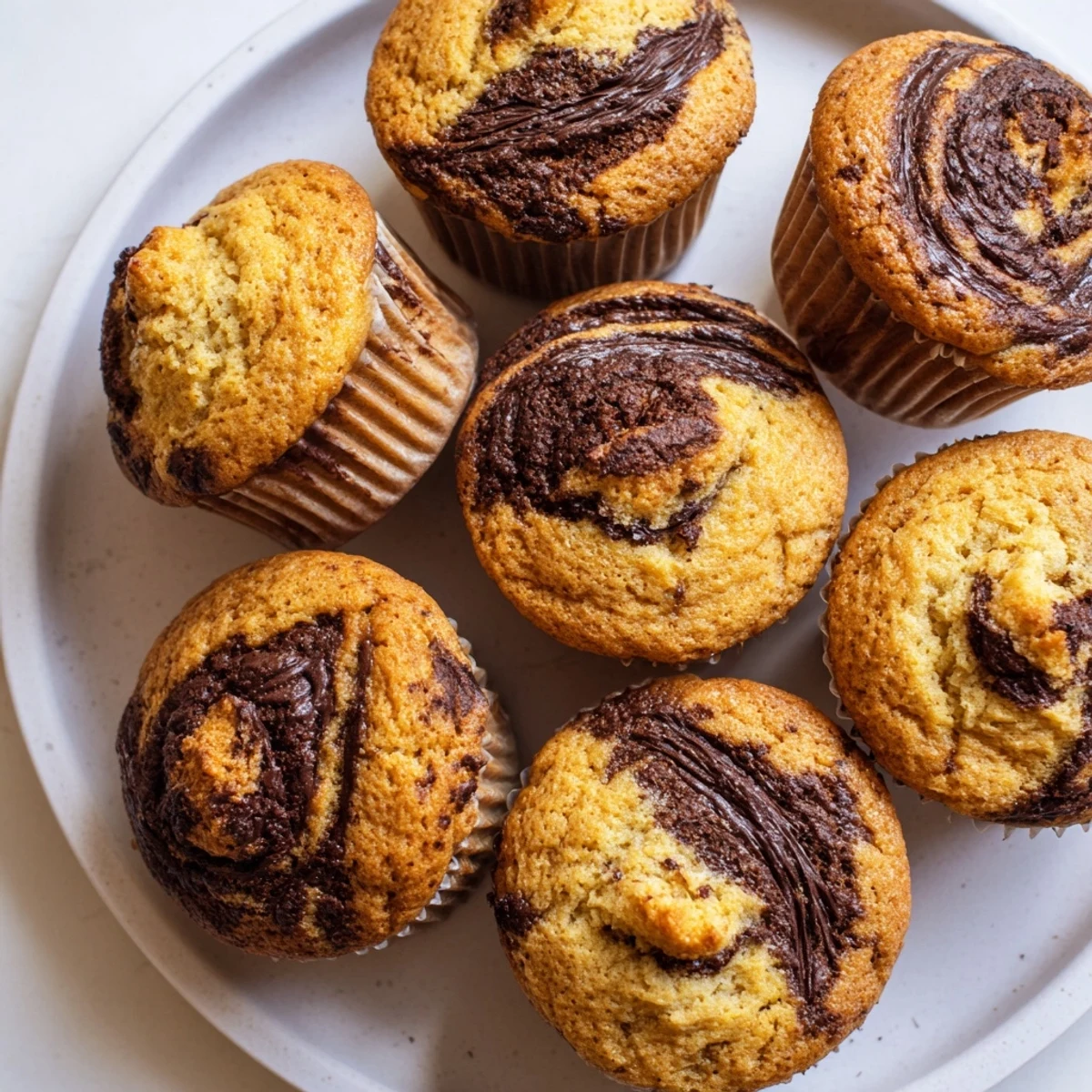 Freshly baked golden Nutella banana muffins with rich chocolate hazelnut swirls on top