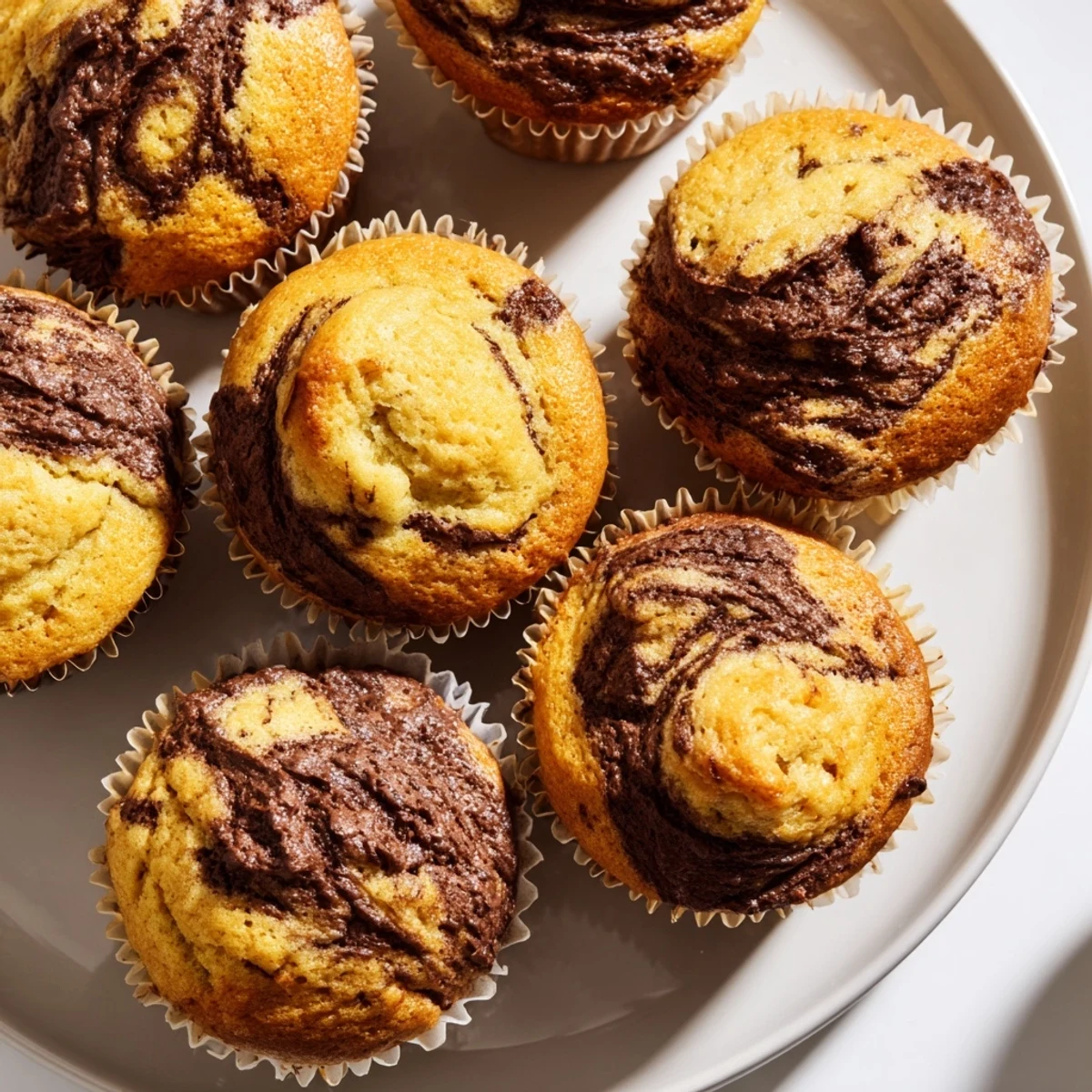 Warm homemade muffins topped with creamy Nutella spirals beside a cup of coffee