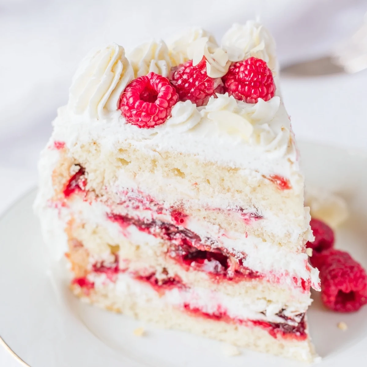 Sliced white chocolate raspberry cream cake revealing vibrant raspberry compote between vanilla sponge layers