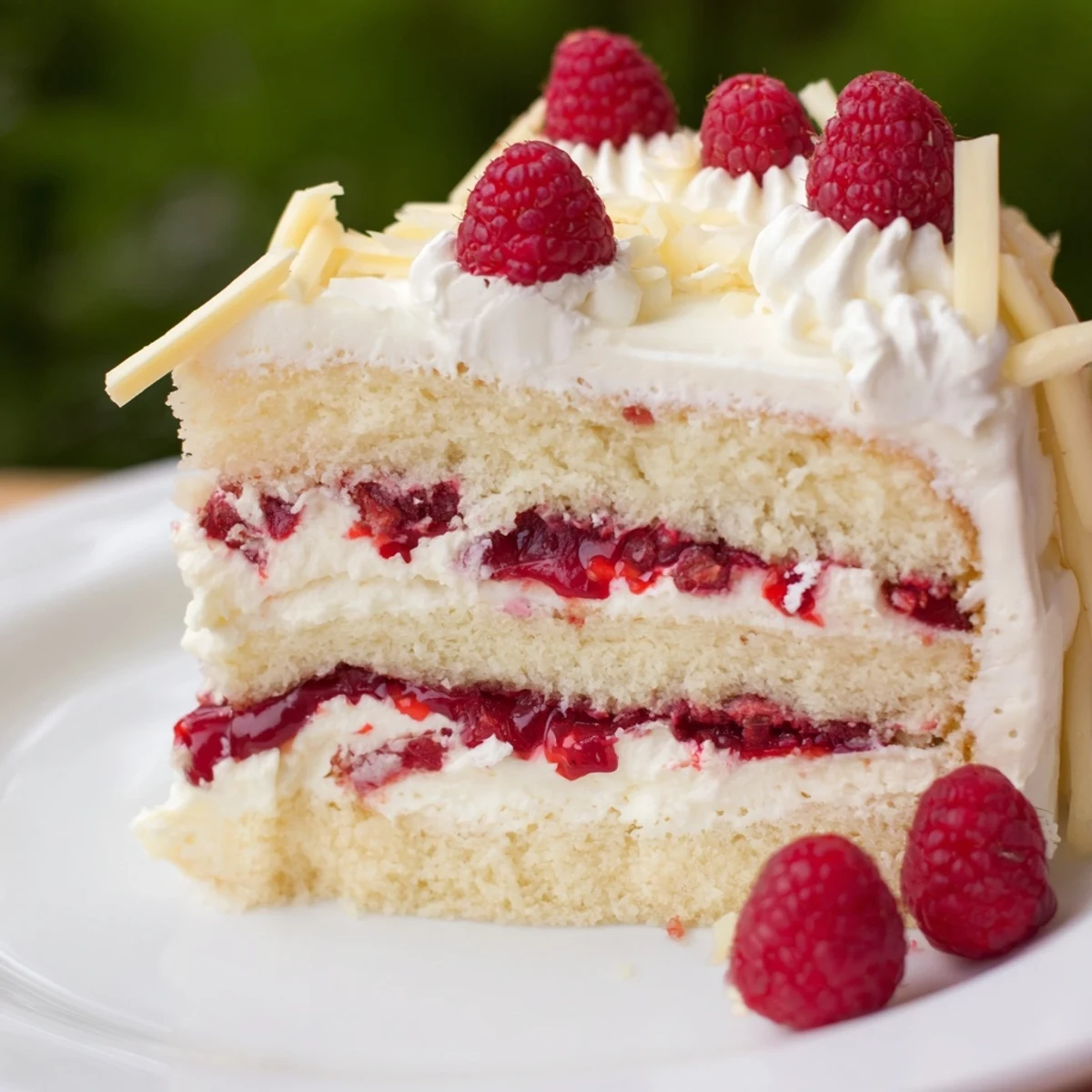 Layered white chocolate raspberry cream cake topped with fresh raspberries and whipped cream