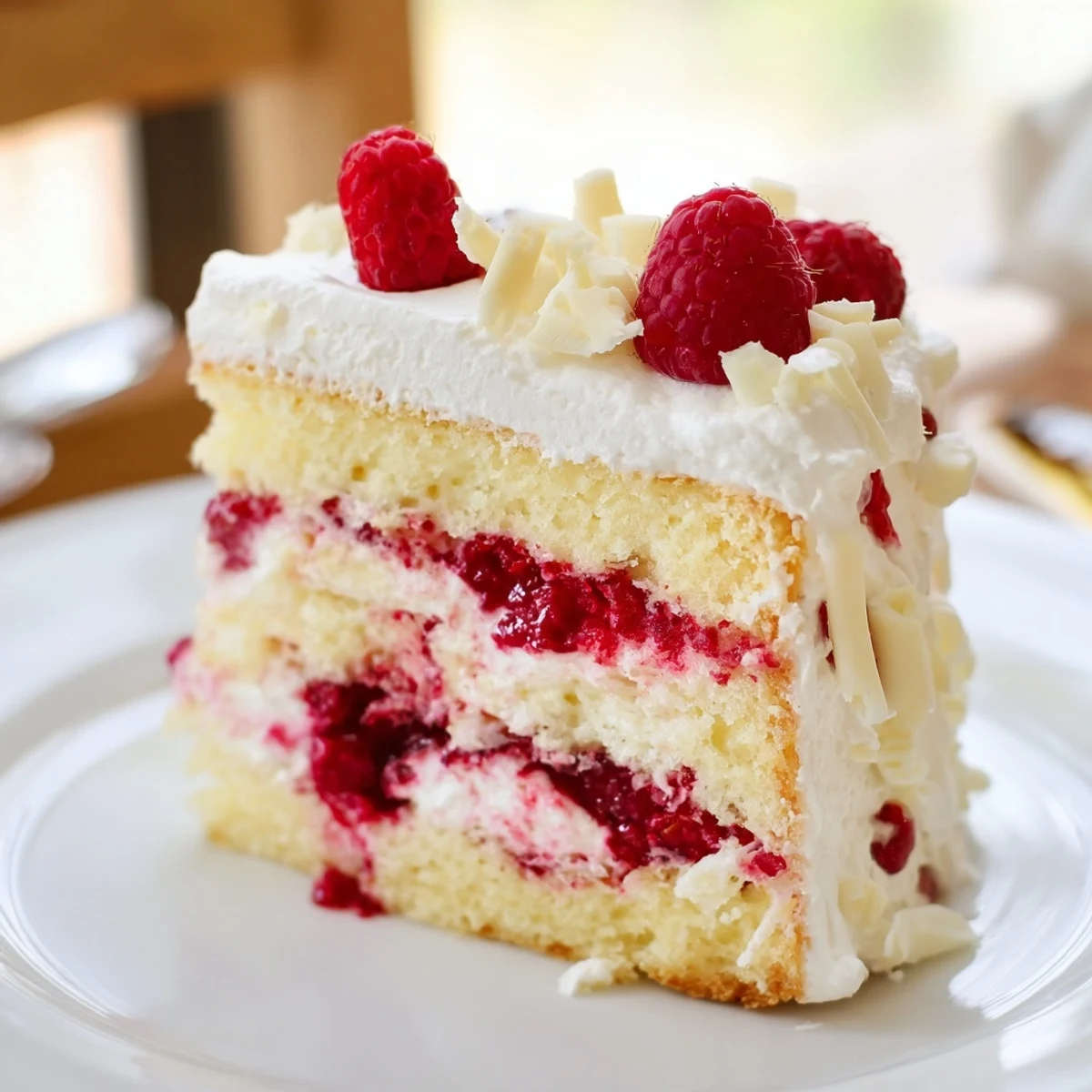 Elegant white chocolate raspberry cream cake with smooth frosting and plump raspberry garnish
