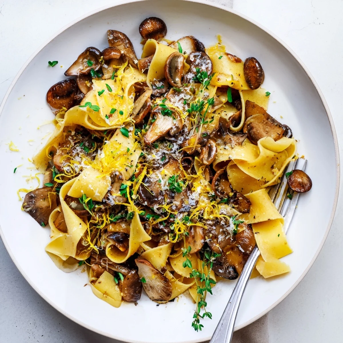 Golden brown mushrooms coat wide pappardelle noodles in a rich garlic butter sauce with fresh herbs
