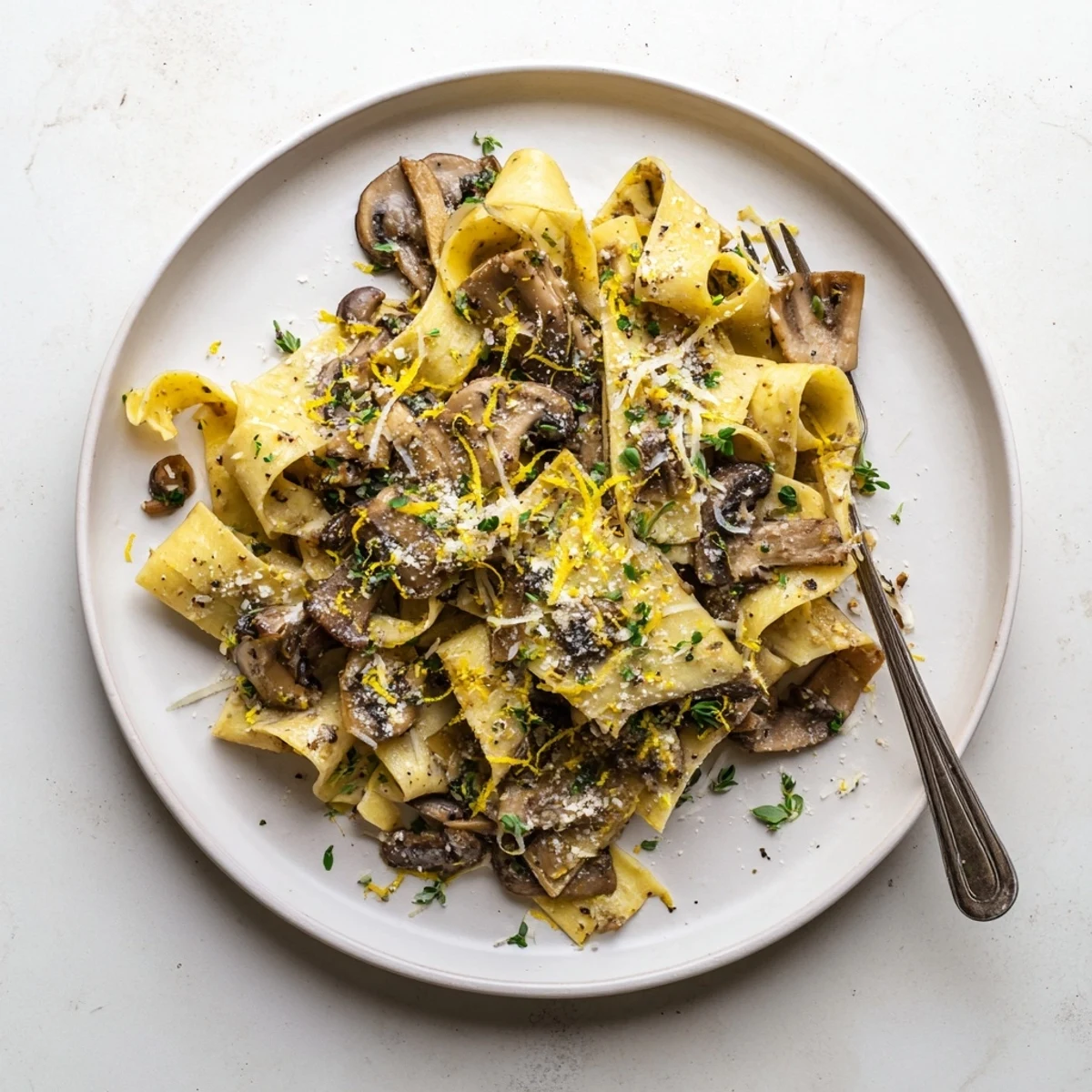 Wide ribbon pasta tossed with savory golden mushrooms in a luscious buttery garlic sauce with lemon zest