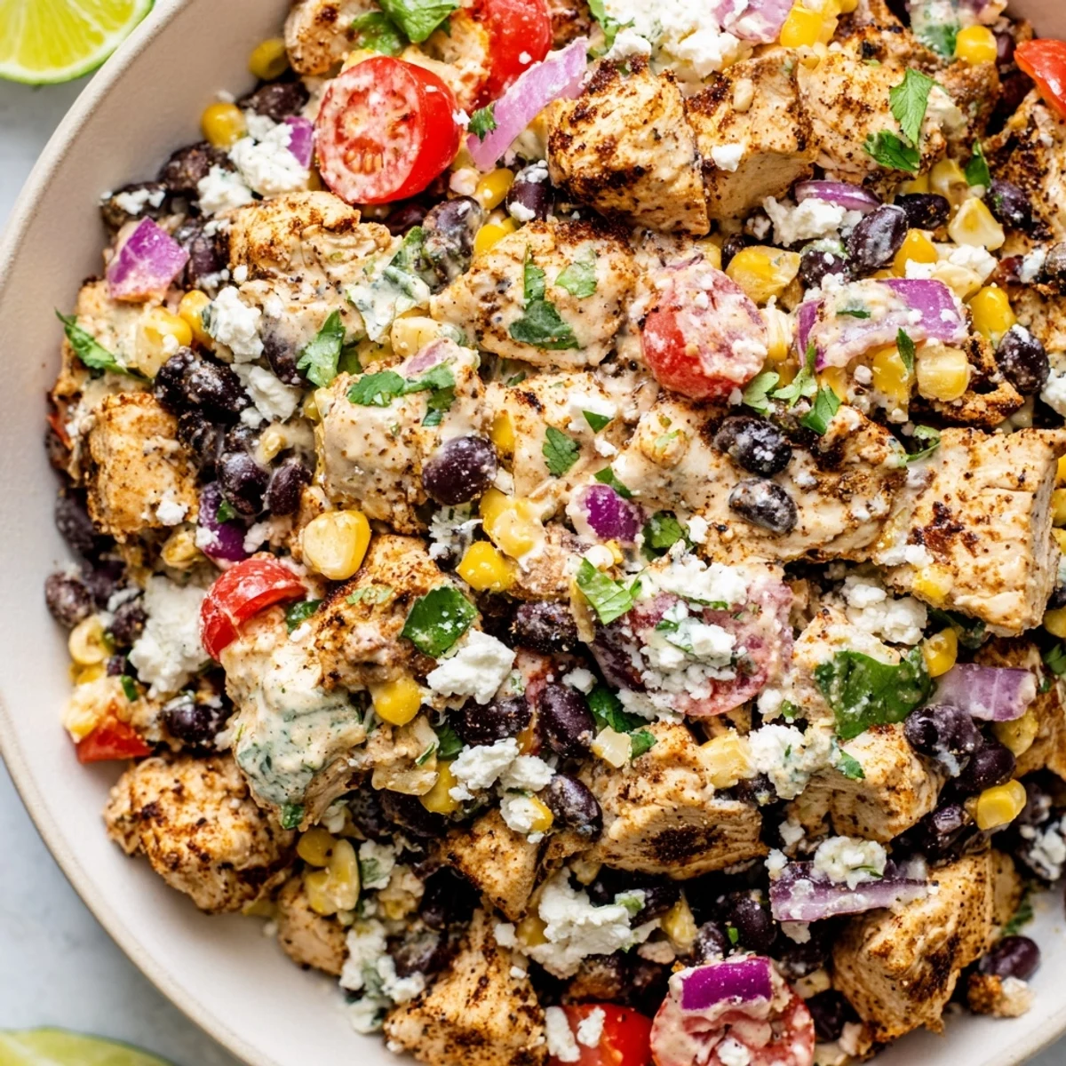 Colorful high protein chicken street corn salad with grilled chicken, sweet corn, black beans, and creamy Greek yogurt dressing in a bowl.