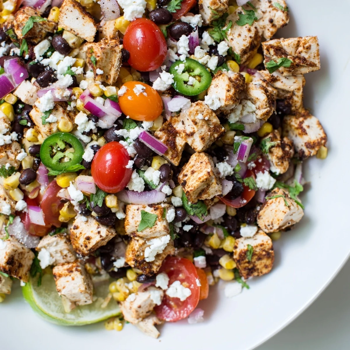 Fresh Mexican-inspired street corn salad featuring spiced grilled chicken, charred corn kernels, cherry tomatoes, and tangy yogurt lime dressing topped with cotija cheese.