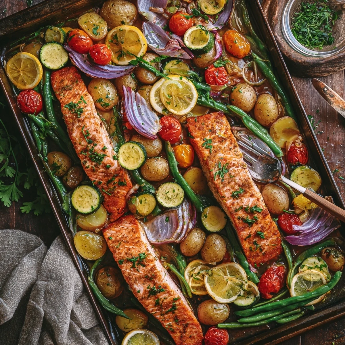 Golden brown salmon fillets with roasted vegetables drizzled with lemon garlic butter sauce on a sheet pan
