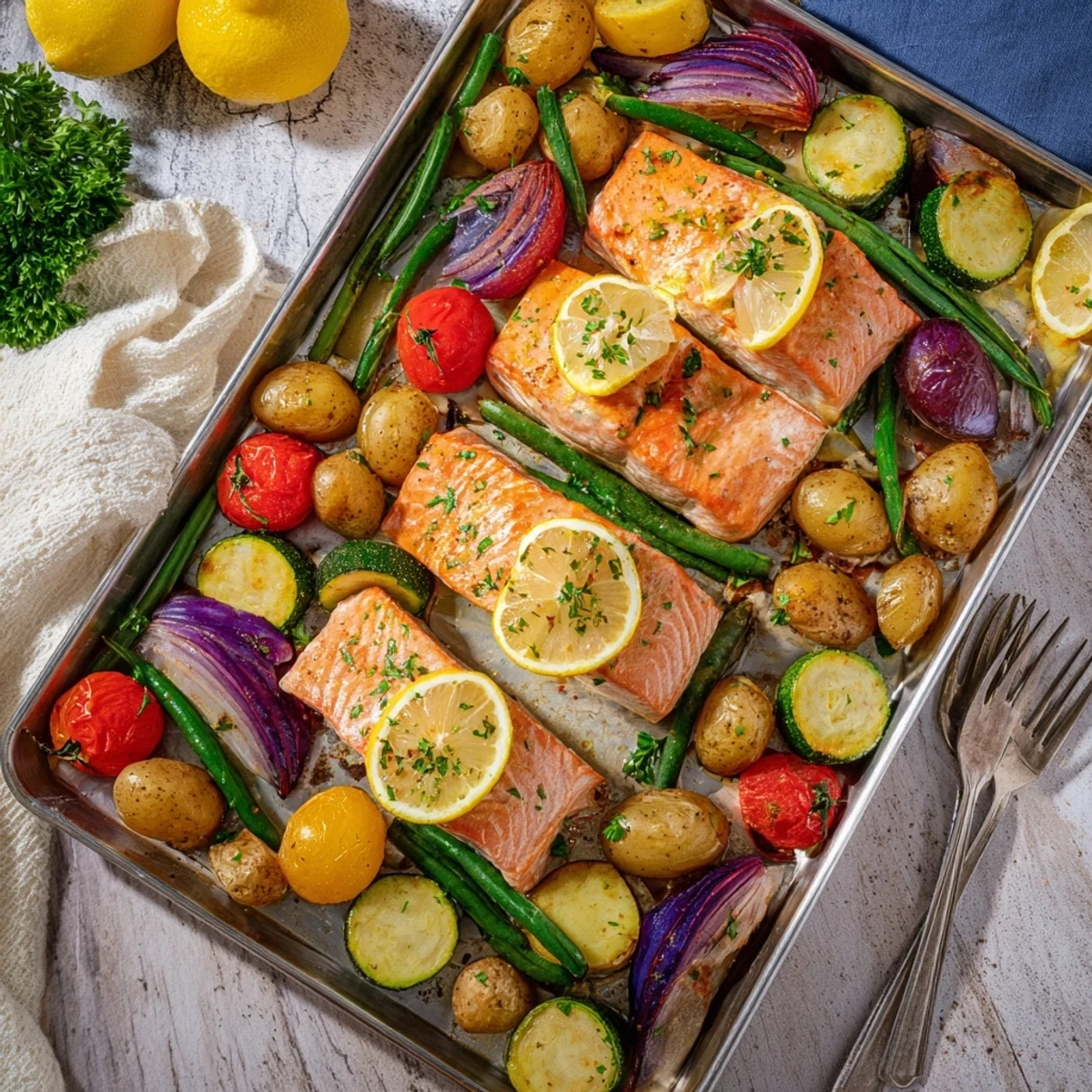 Tender salmon baked with colorful baby potatoes tomatoes and zucchini in a tangy lemon garlic glaze