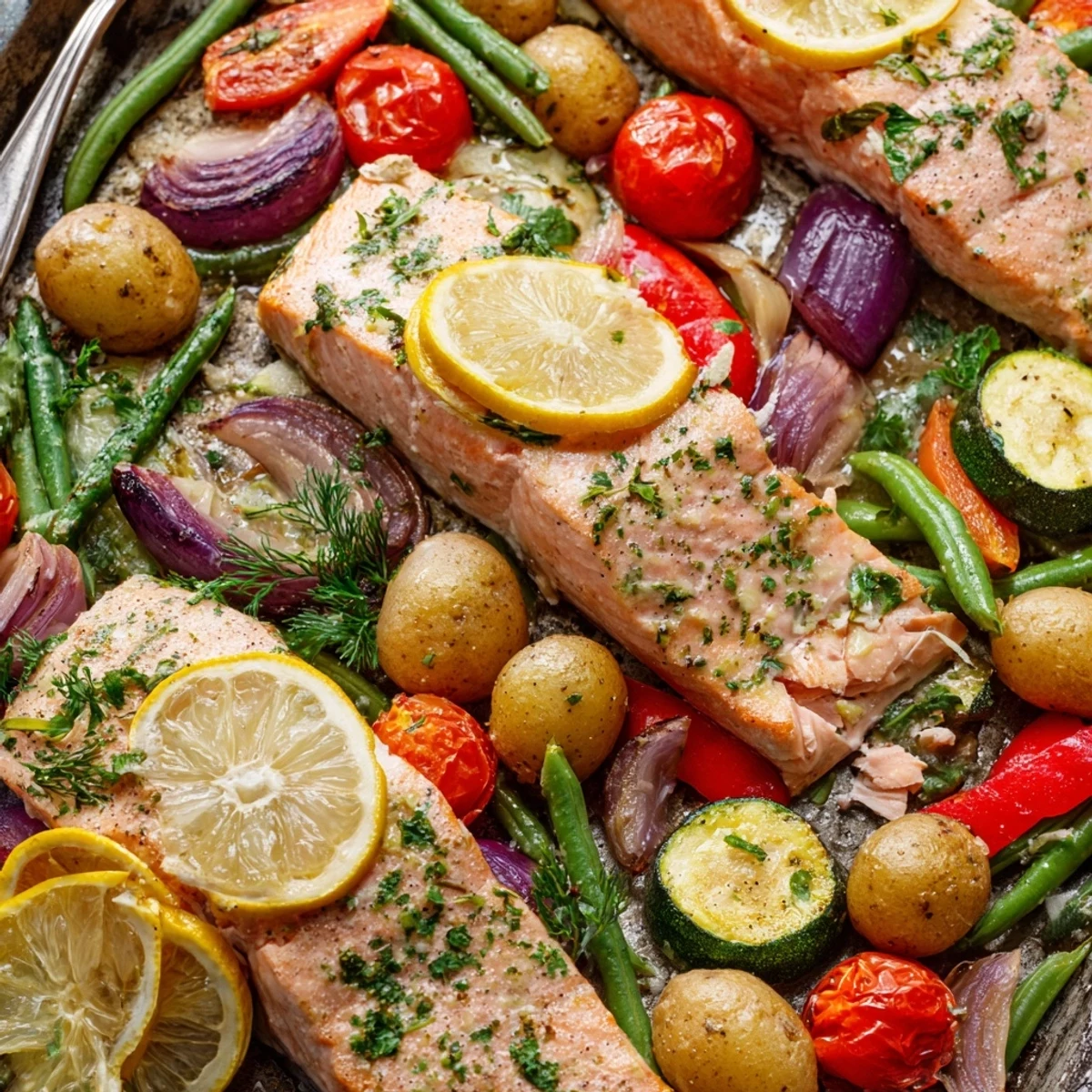 Weeknight dinner of flaky salmon and fresh vegetables roasted together in a rich lemon garlic butter sauce