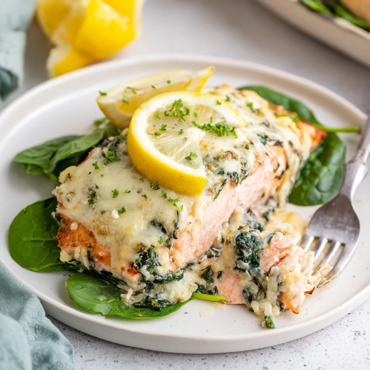 Golden baked Boursin salmon topped with creamy herb cheese and fresh lemon slices