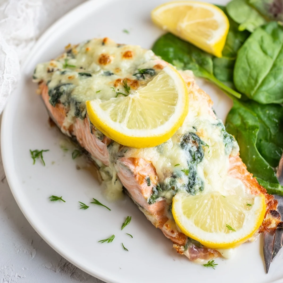 Flaky salmon fillet baked with garlic Boursin cheese spread and tender wilted spinach