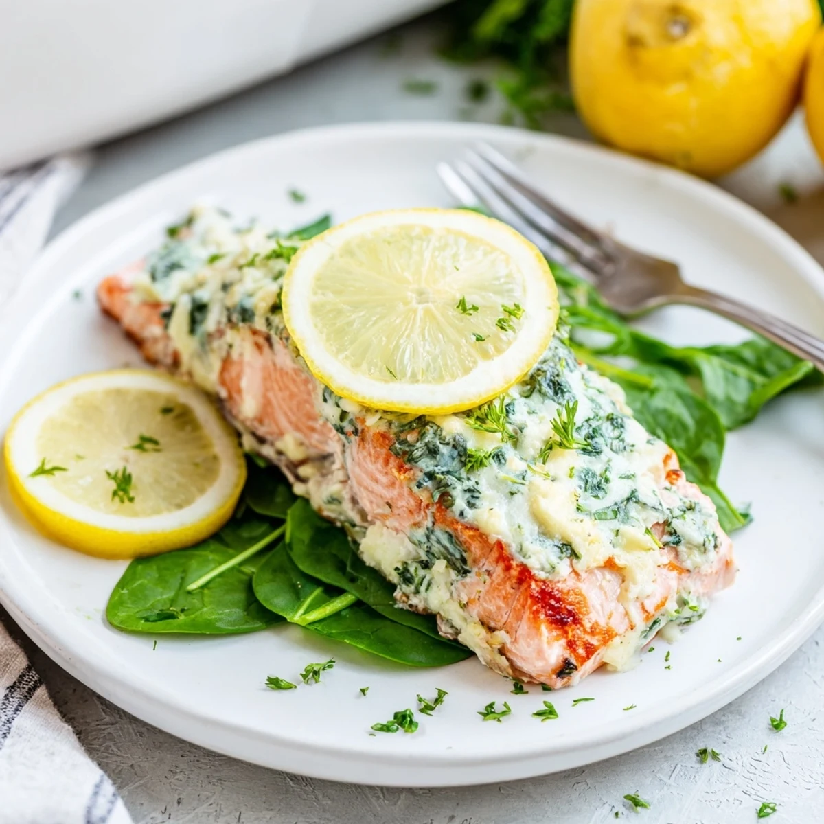Elegant baked Boursin salmon with herbed cheese crust, lemon, and dill garnish