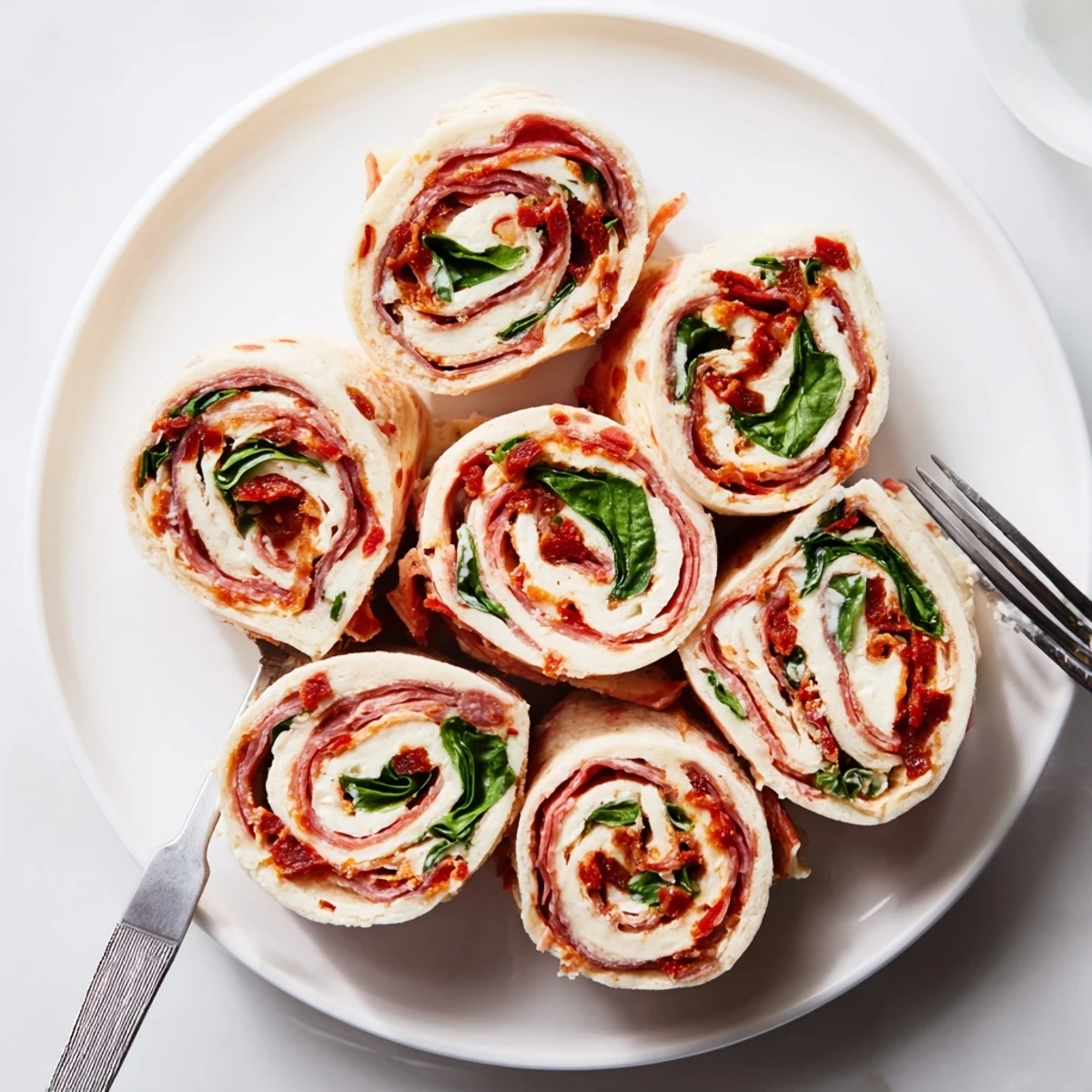 Colorful Italian pinwheels featuring layered salami, ham, and cream cheese on a serving platter