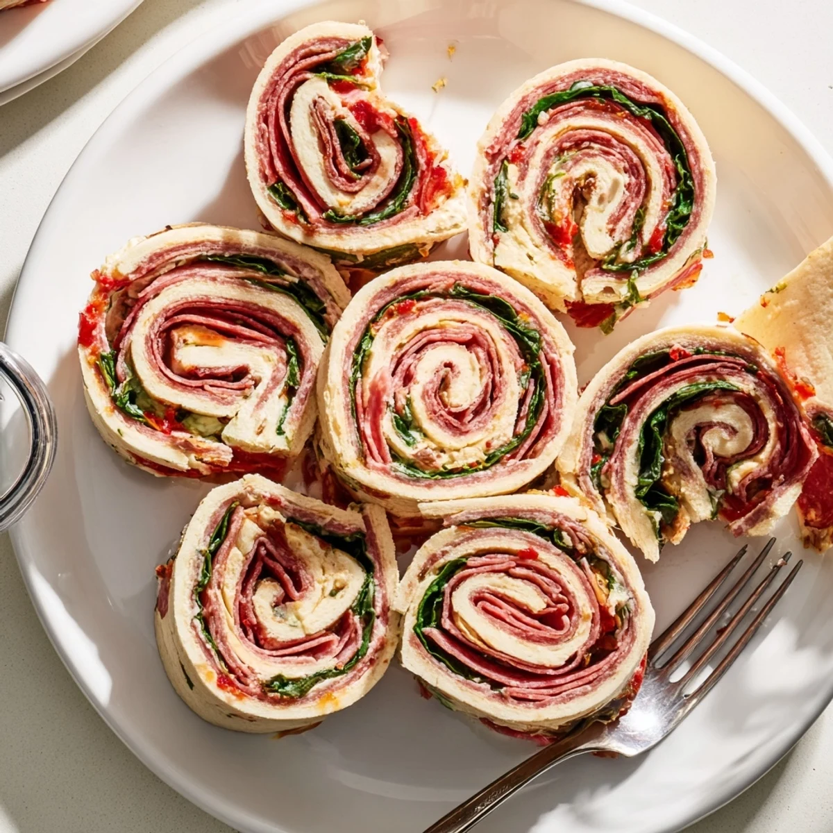 Sliced Italian pinwheel appetizers arranged neatly on a white platter for easy party serving