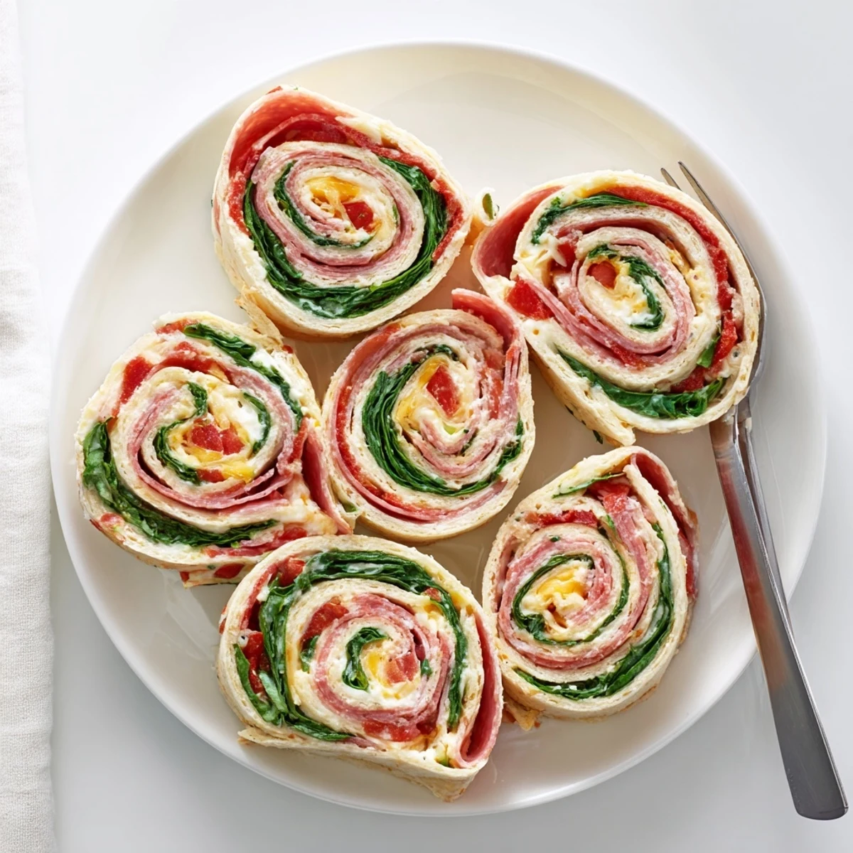Spiral Italian pinwheels with roasted red peppers and spinach ready for party snacking