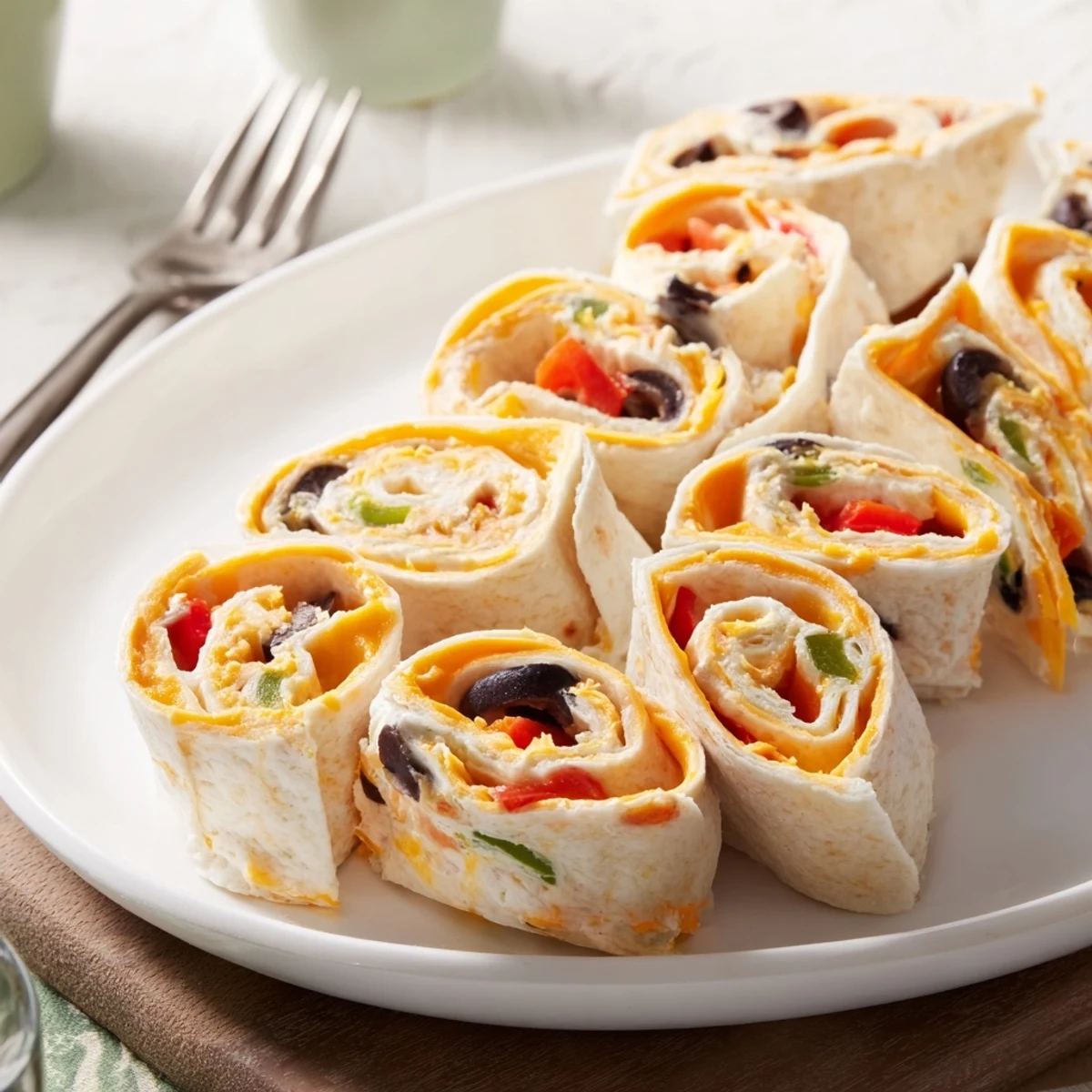 Colorful spiral of easy tortilla pinwheels filled with creamy cheddar and fresh vegetables on a white platter