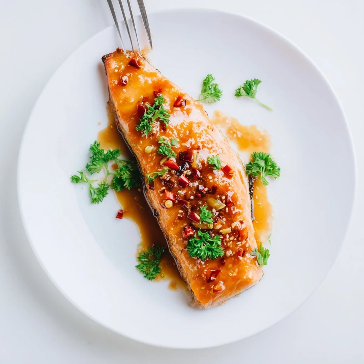Golden pan-seared salmon fillets coated in a sticky honey garlic glaze with fresh parsley garnish