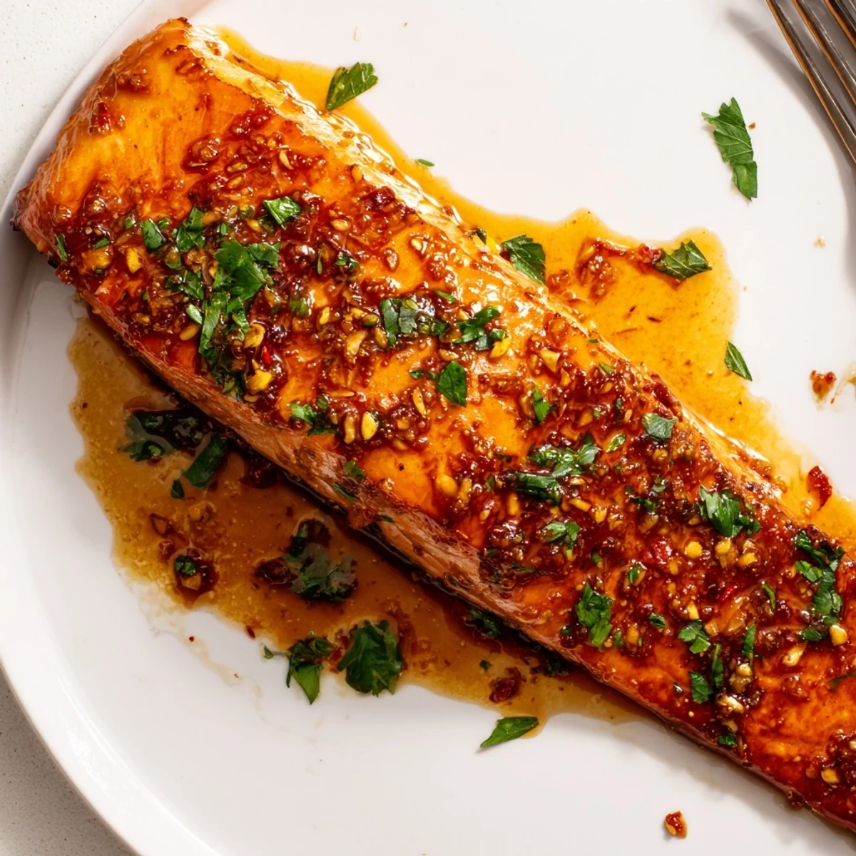 Crispy skinned honey garlic glazed salmon served with lemon wedges on a white dinner plate