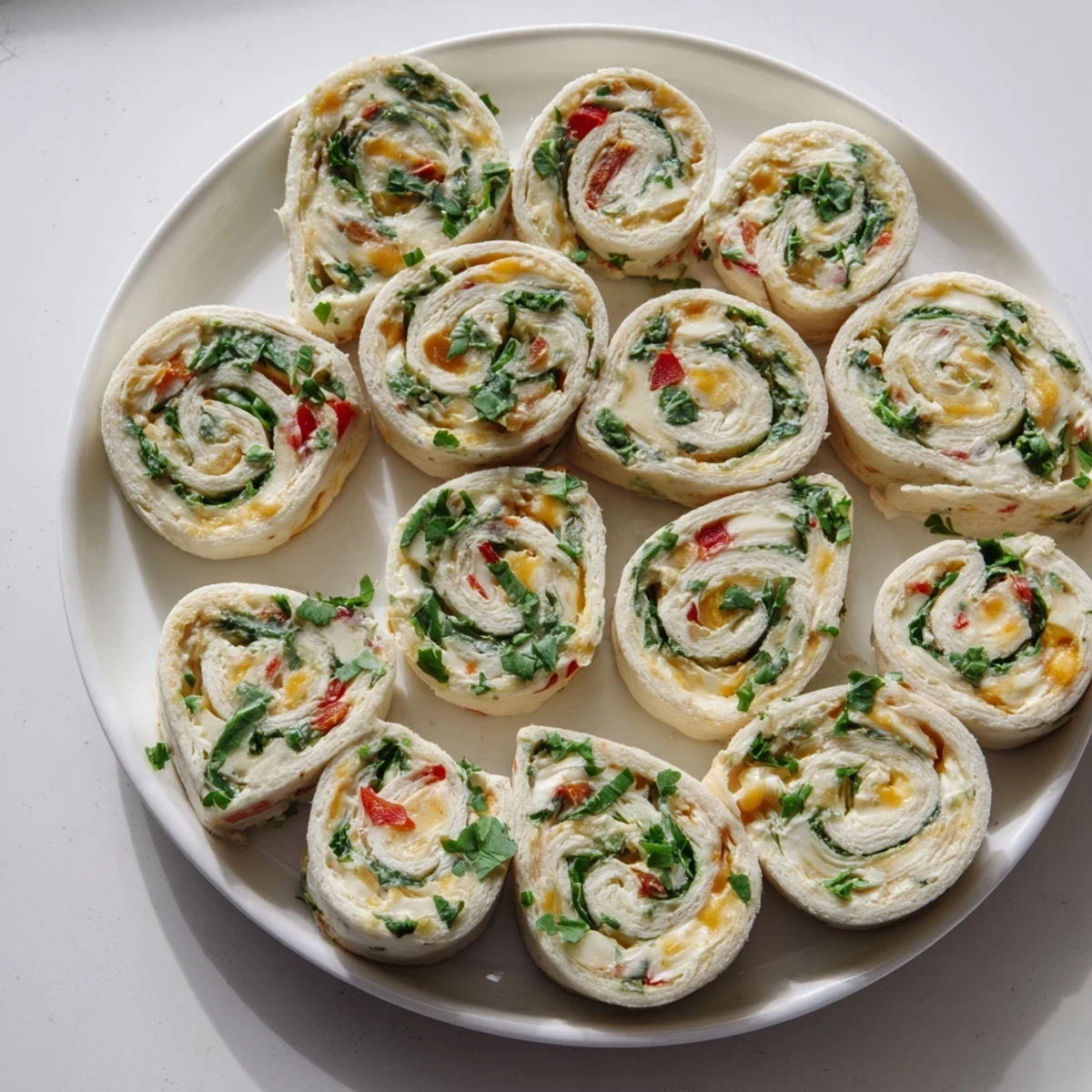 Cream cheese pinwheels with colorful vegetables sliced into bite-sized spirals on a white platter