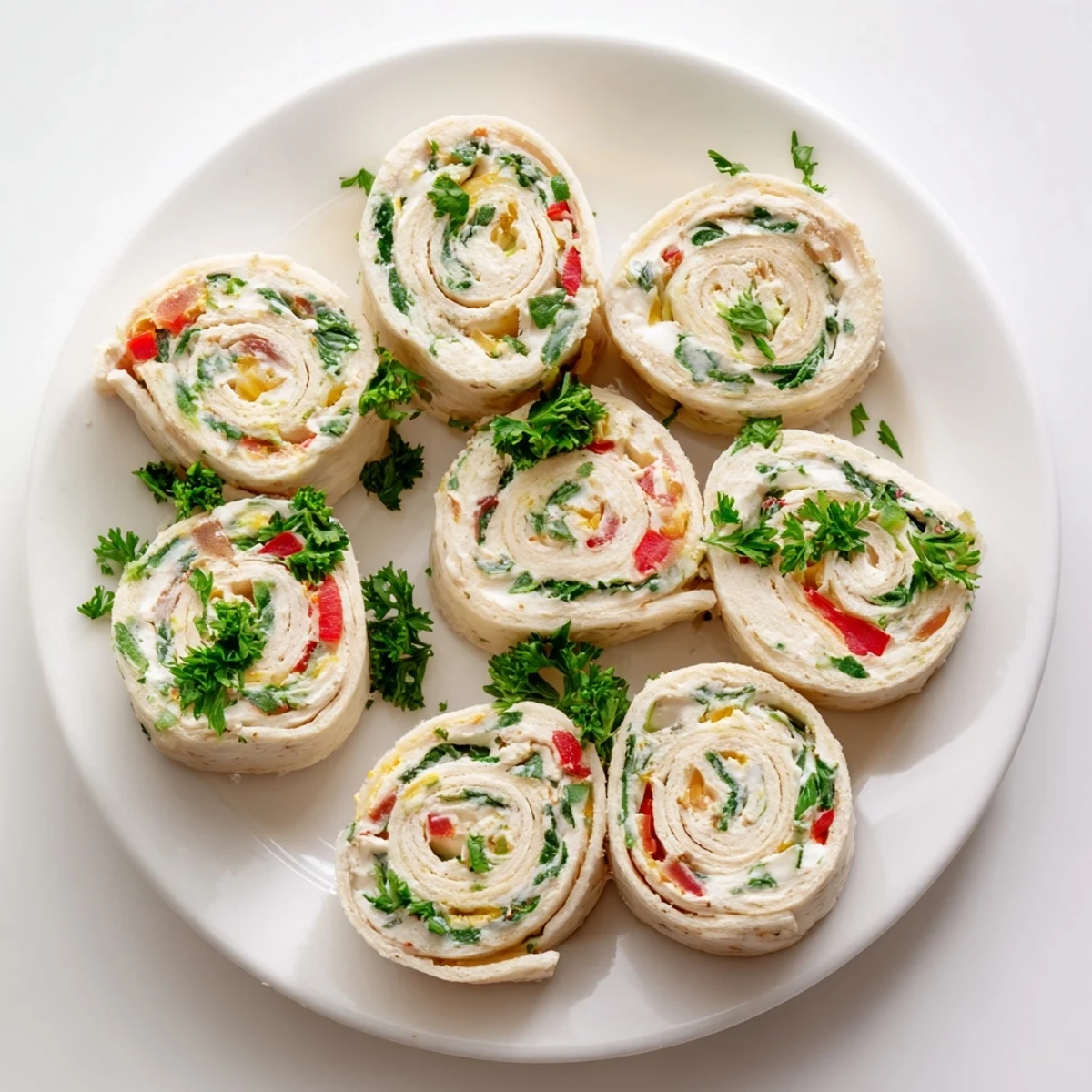 Savory cream cheese pinwheel appetizers featuring green onions and red peppers ready for party serving