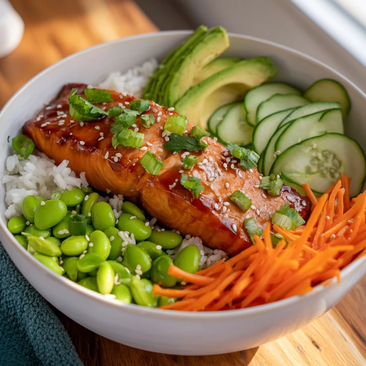 Golden honey glazed salmon fillet rests over fluffy rice with crisp colorful vegetables and sesame seed topping in this nutritious salmon bowl