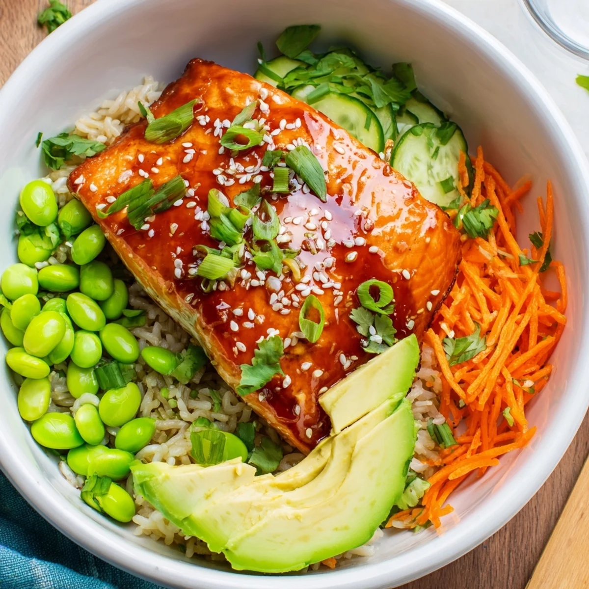 Vibrant honey glazed salmon bowl features tender caramelized fish alongside fresh cucumber slices avocado and edamame on a bed of steamed jasmine rice
