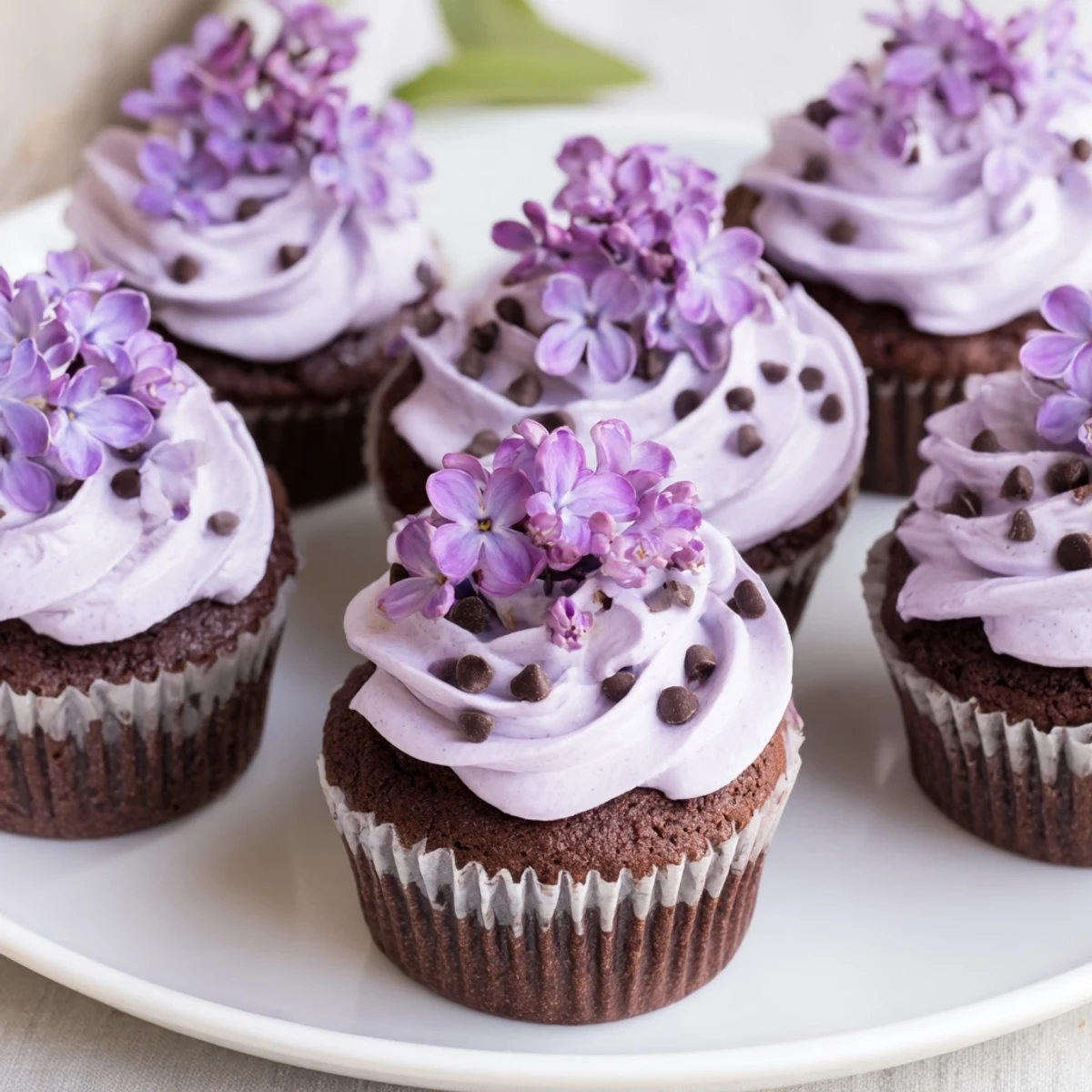 Small batch lilac chocolate cupcakes topped with floral buttercream and fresh lilac blossoms on a white plate