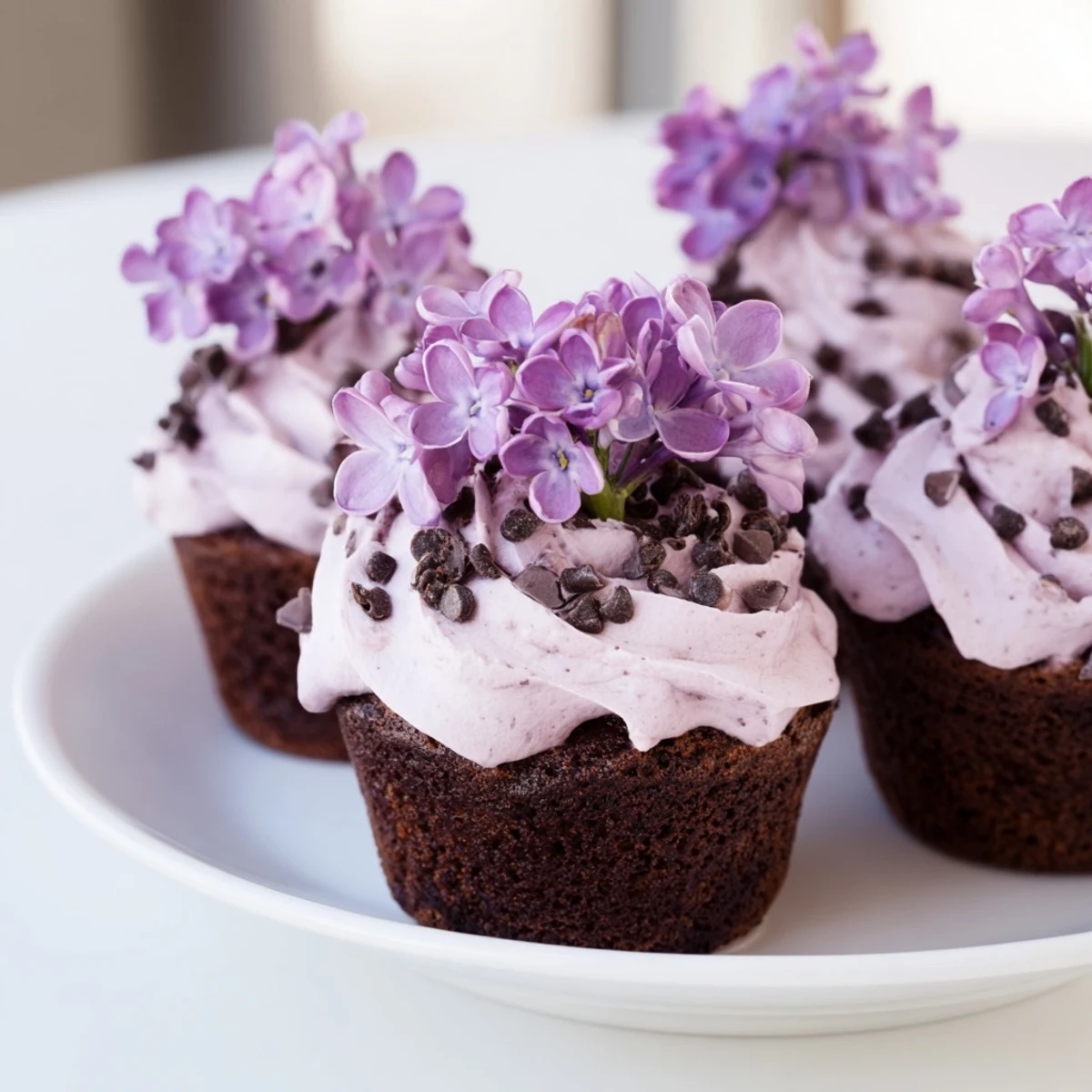 Six moist chocolate cupcakes infused with delicate lilac flavor and crowned with swirled purple buttercream frosting