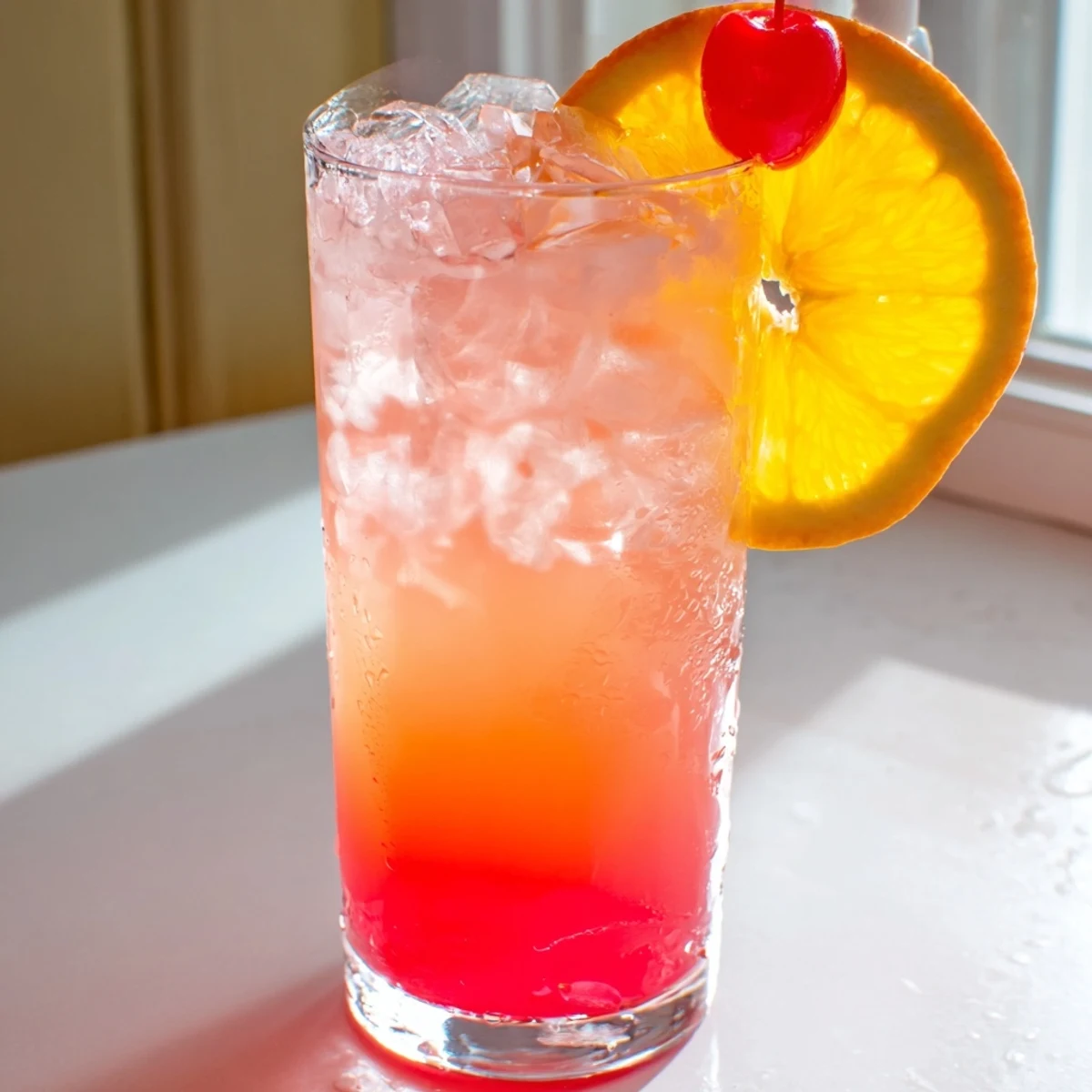 Refreshing Easy Shirley Temple drink with grenadine swirl and bright maraschino cherry garnish
