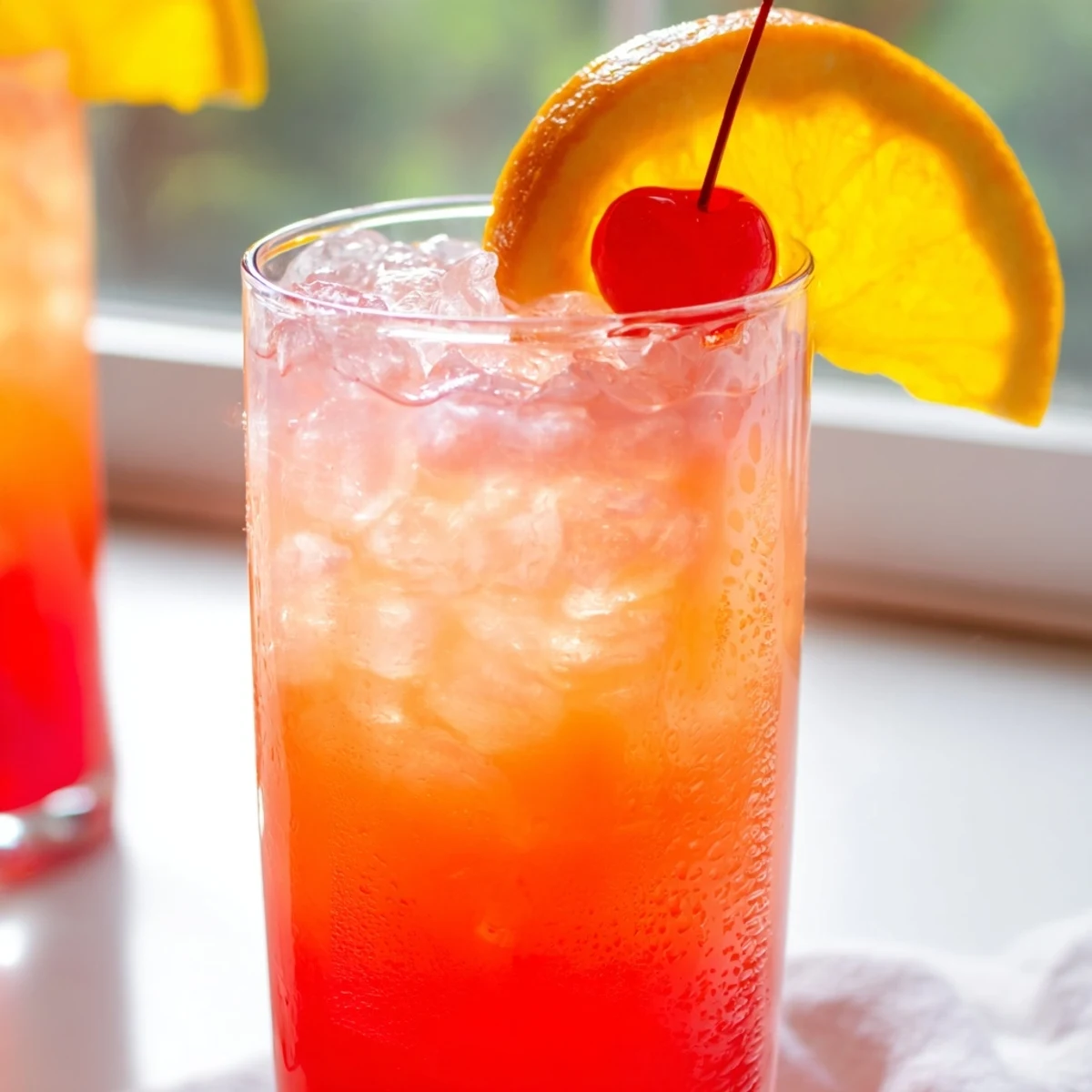 Homemade Easy Shirley Temple beverage with ice fizzing and cherry on cocktail pick