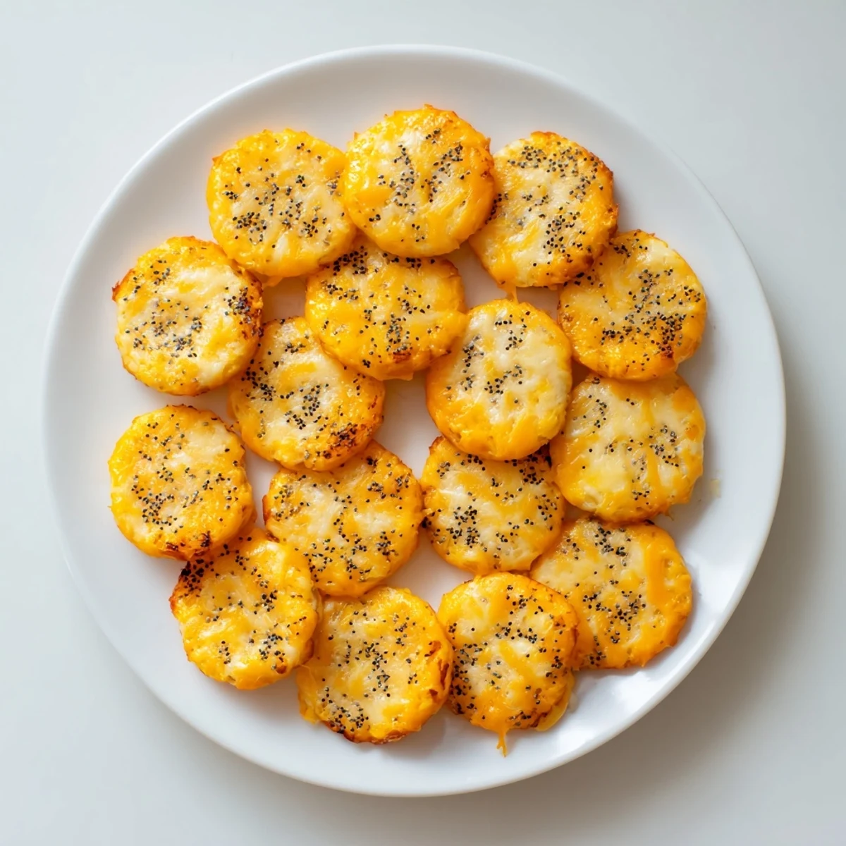 Golden brown cheddar cheese coins arranged on a white serving platter, ready for snacking