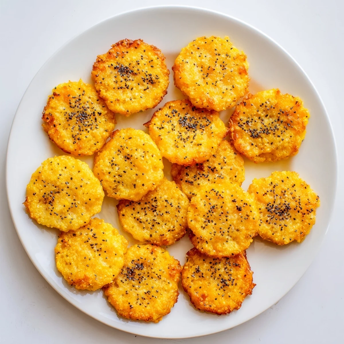 Stack of savory cheddar cheese coins sprinkled with poppy seeds on a rustic wooden board
