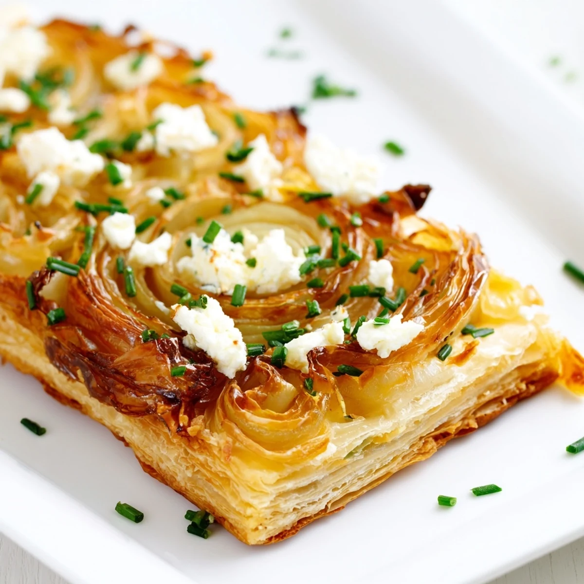 Golden caramelized onion and goat cheese tarts on flaky puff pastry with fresh herb garnish