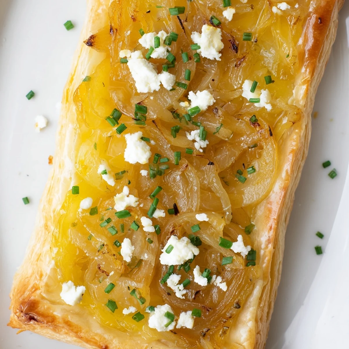 Flaky puff pastry rectangles loaded with caramelized onions and tangy goat cheese, ready to serve warm